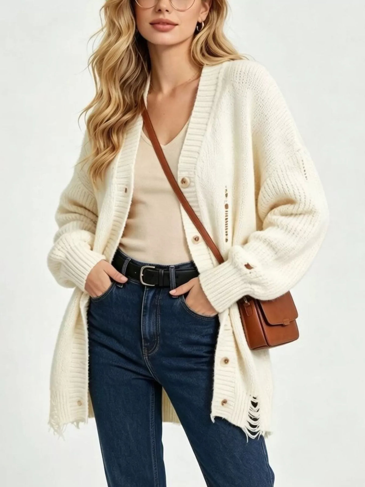 full size distressed oversized v-neck button-down | dropsona - neutral - everyday use