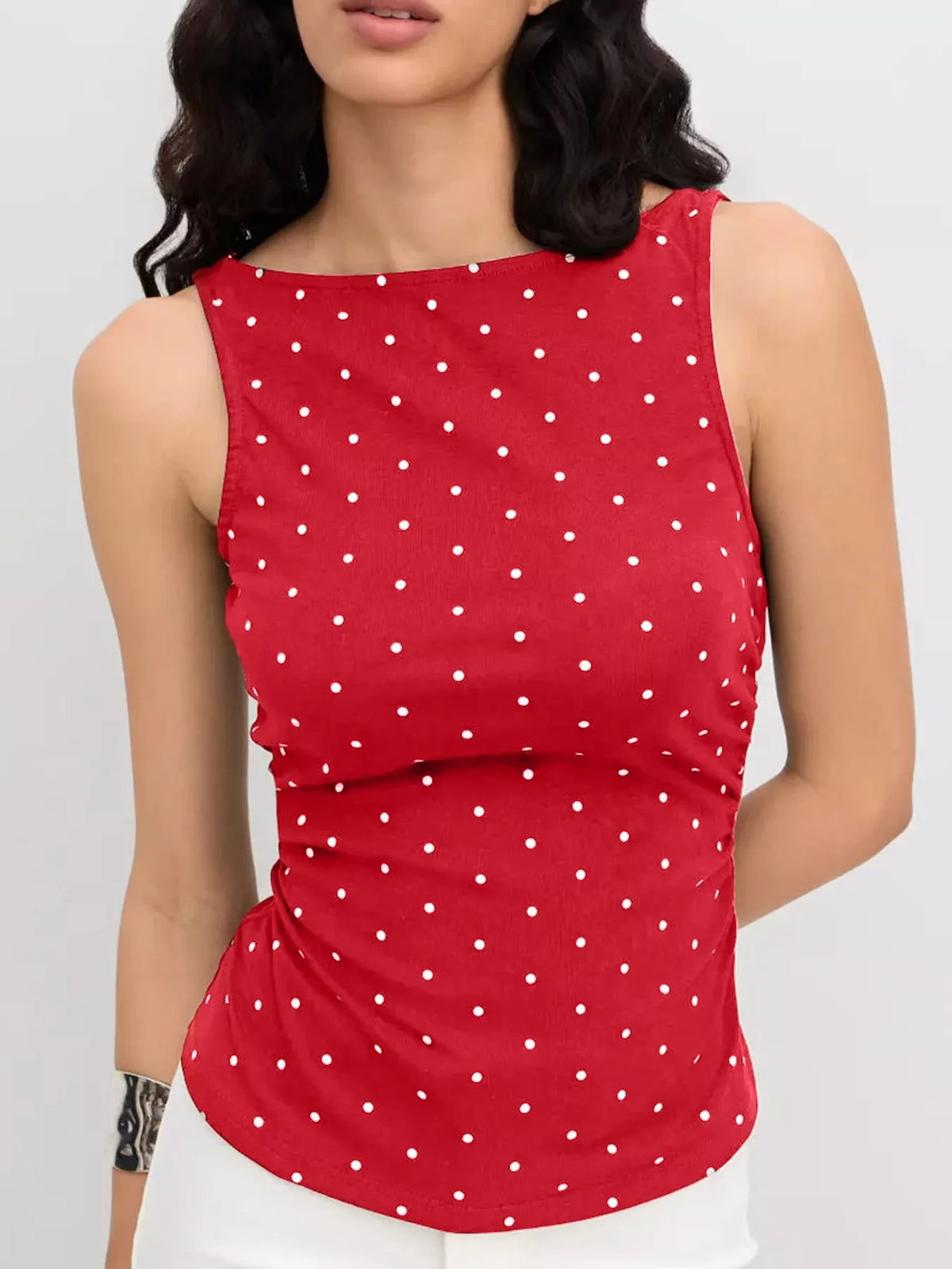 polka dot print sleeveless tank top with tie back | dropsona - neutral - usage example