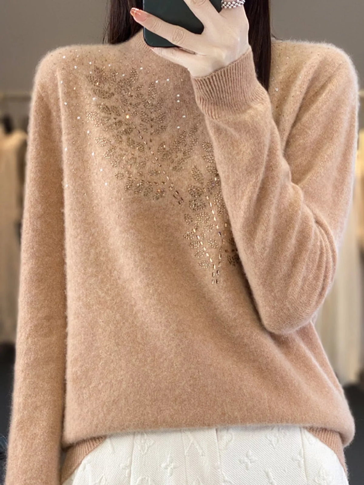 rhinestone leaf mock neck sweater | dropsona polyester - neutral - packaging