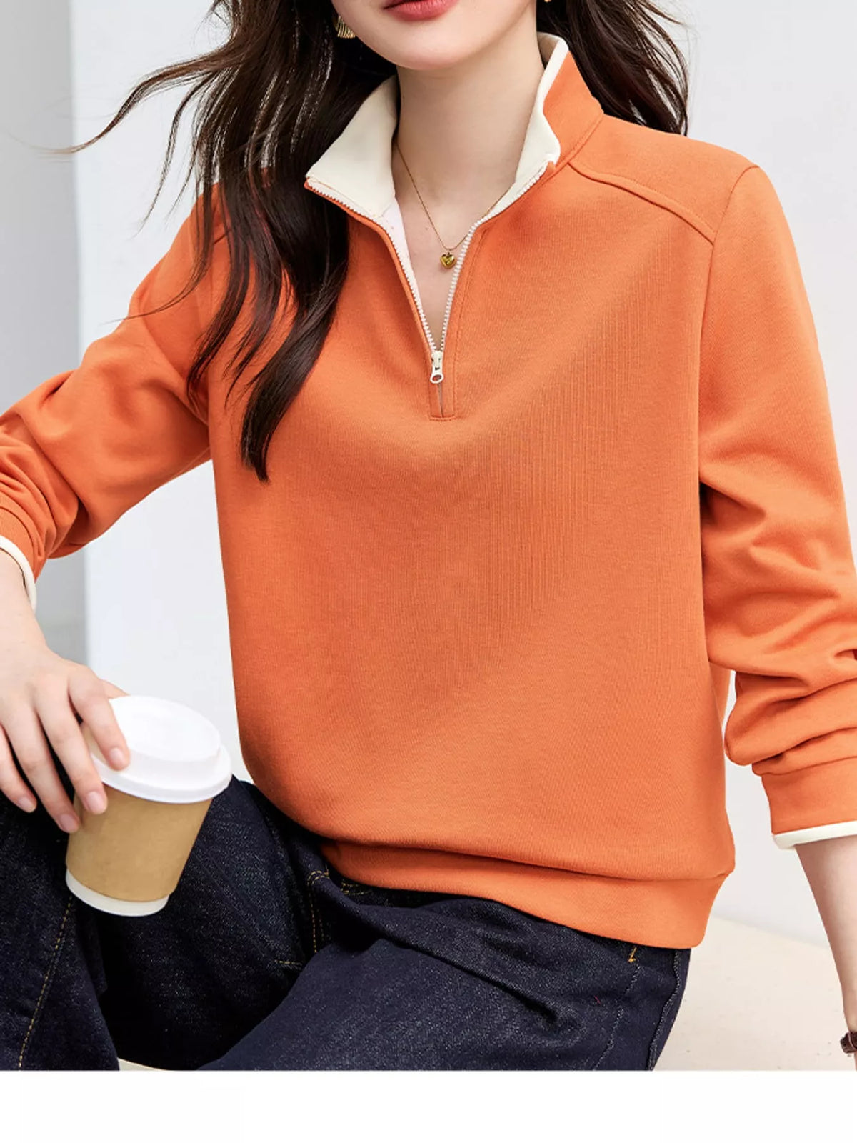 plus size quarter-zip sweatshirt with contrast collar | dropsona - neutral - close-up detail