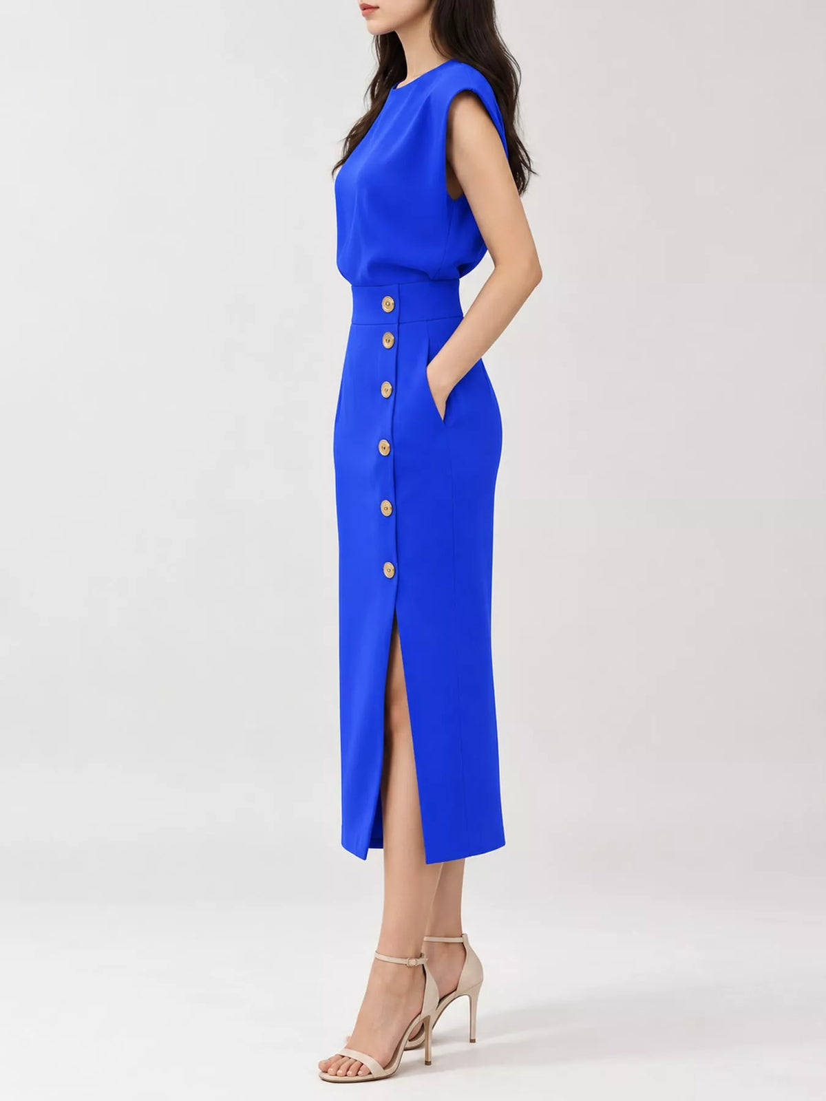 sleeveless midi dress with gold button detail and | dropsona - neutral - usage example