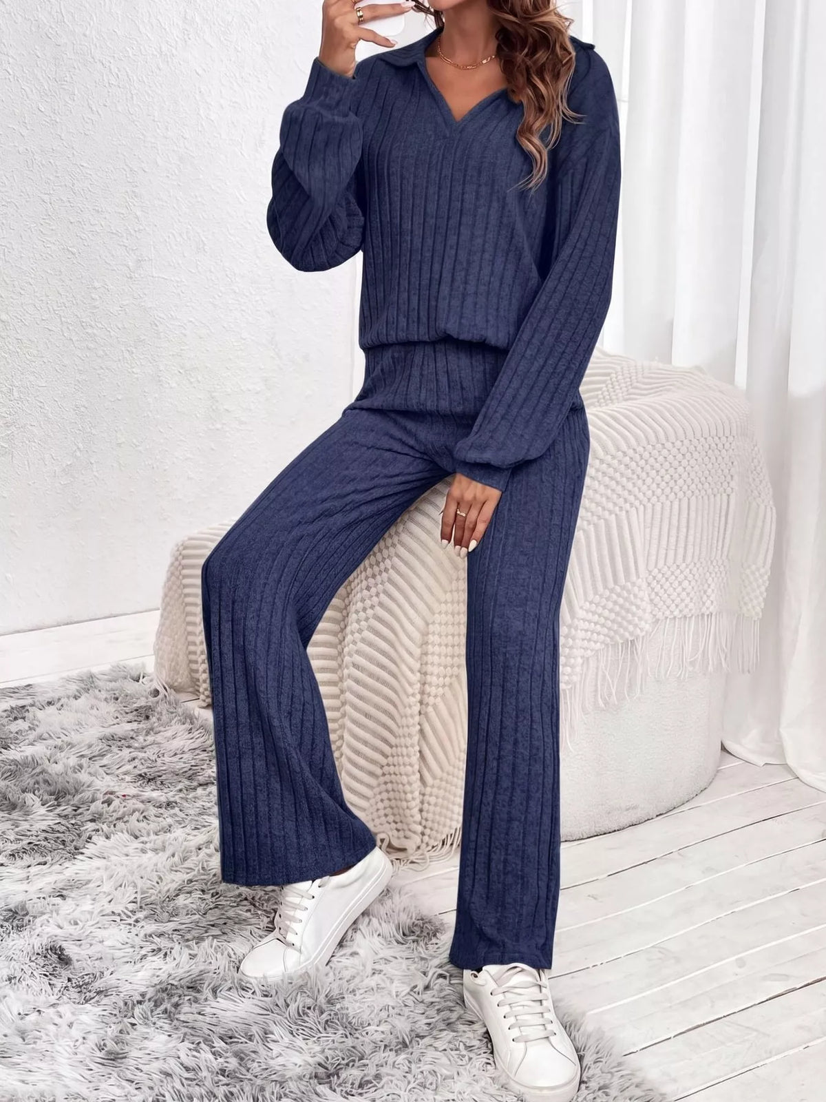 ribbed knit collared top and wide leg pants set | dropsona - neutral - material texture