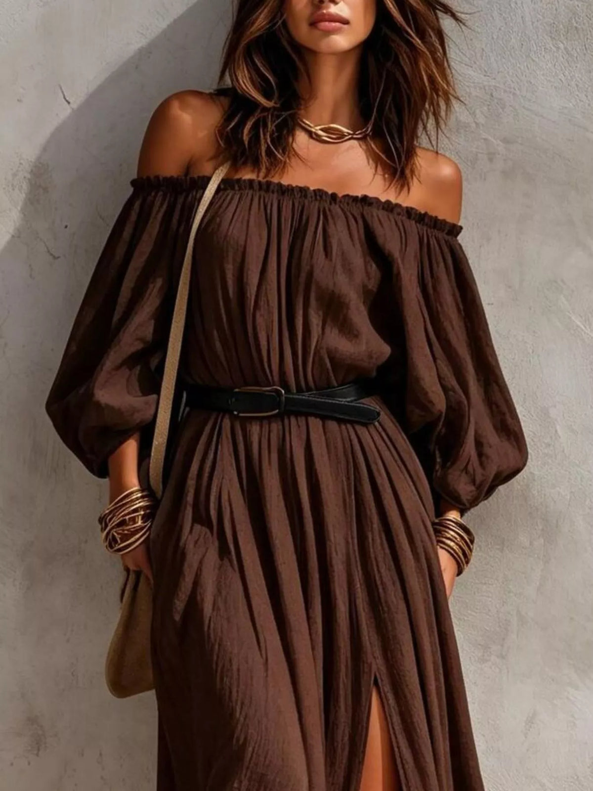 boho off-shoulder maxi dress with side slit | dropsona - neutral - usage example