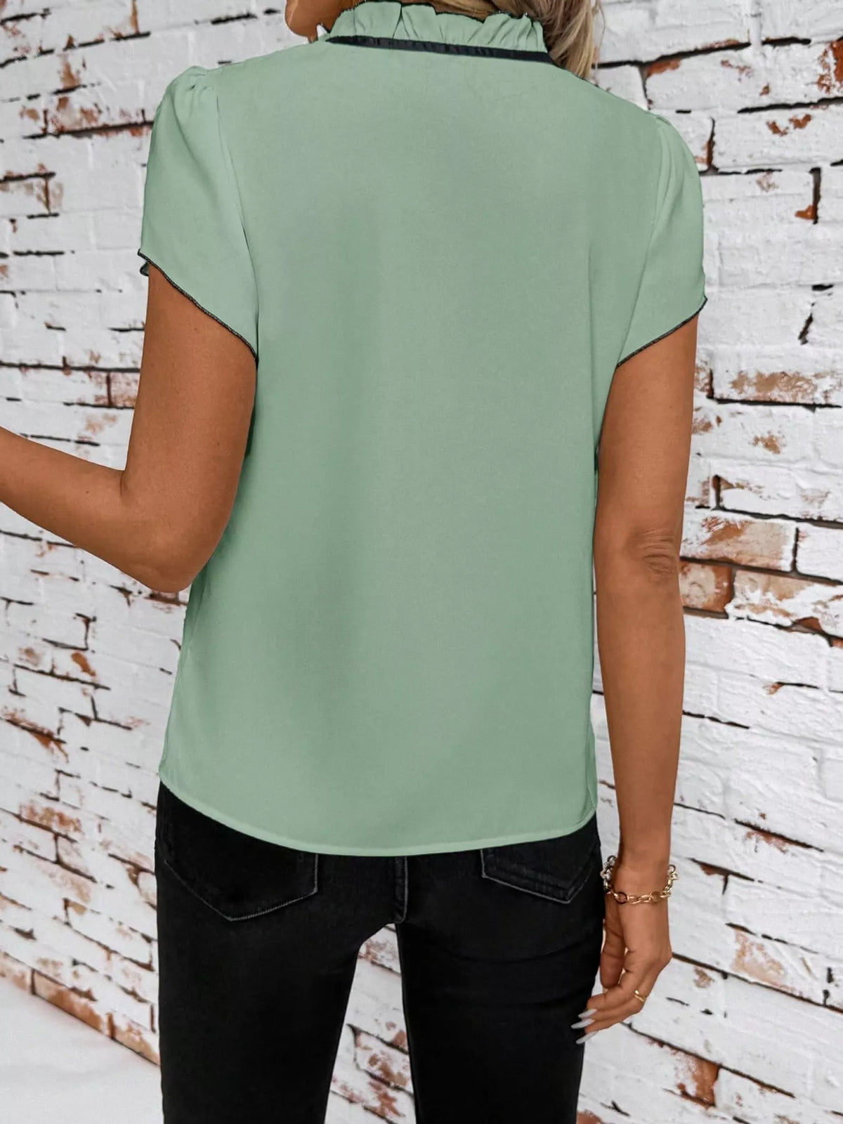 contrast trim ruffle sleeve tie-front blouse | dropsona - neutral - front view