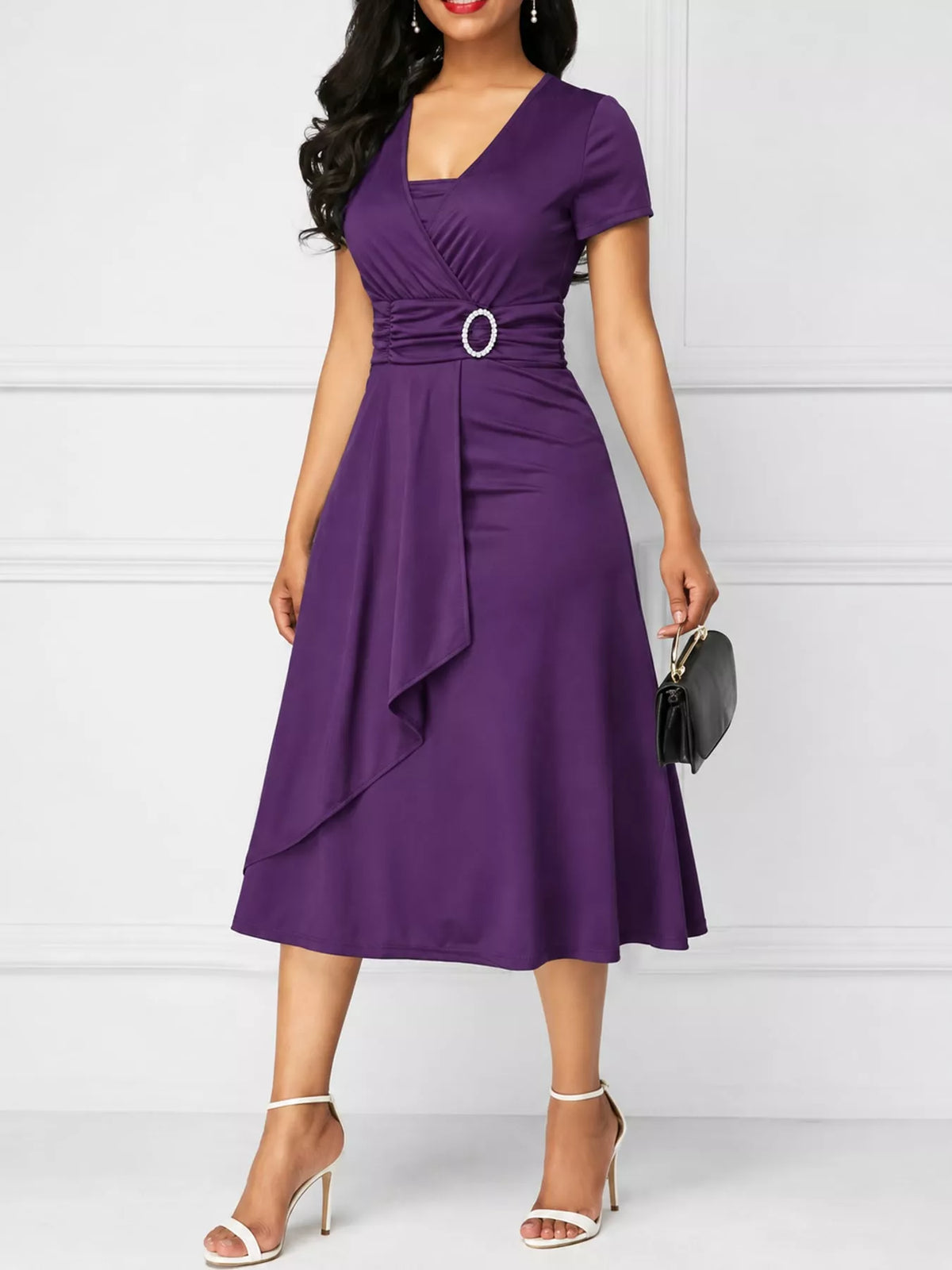 full size decorative buckle short sleeve dress plus | dropsona - neutral - usage example