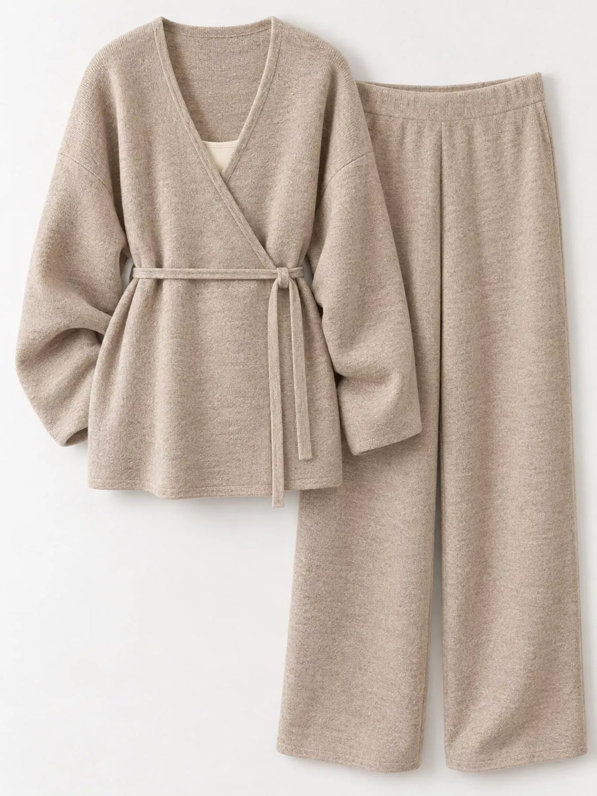 v-neck tied wrap cardigan and wide-leg pants sweater | dropsona - neutral - usage example
