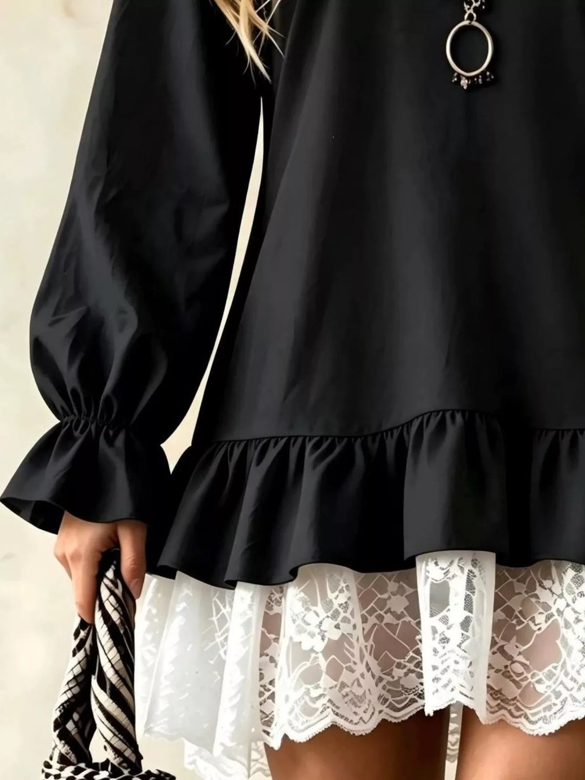 v-neck long sleeve ruffle hem lace trim mini dress | dropsona - neutral - material texture