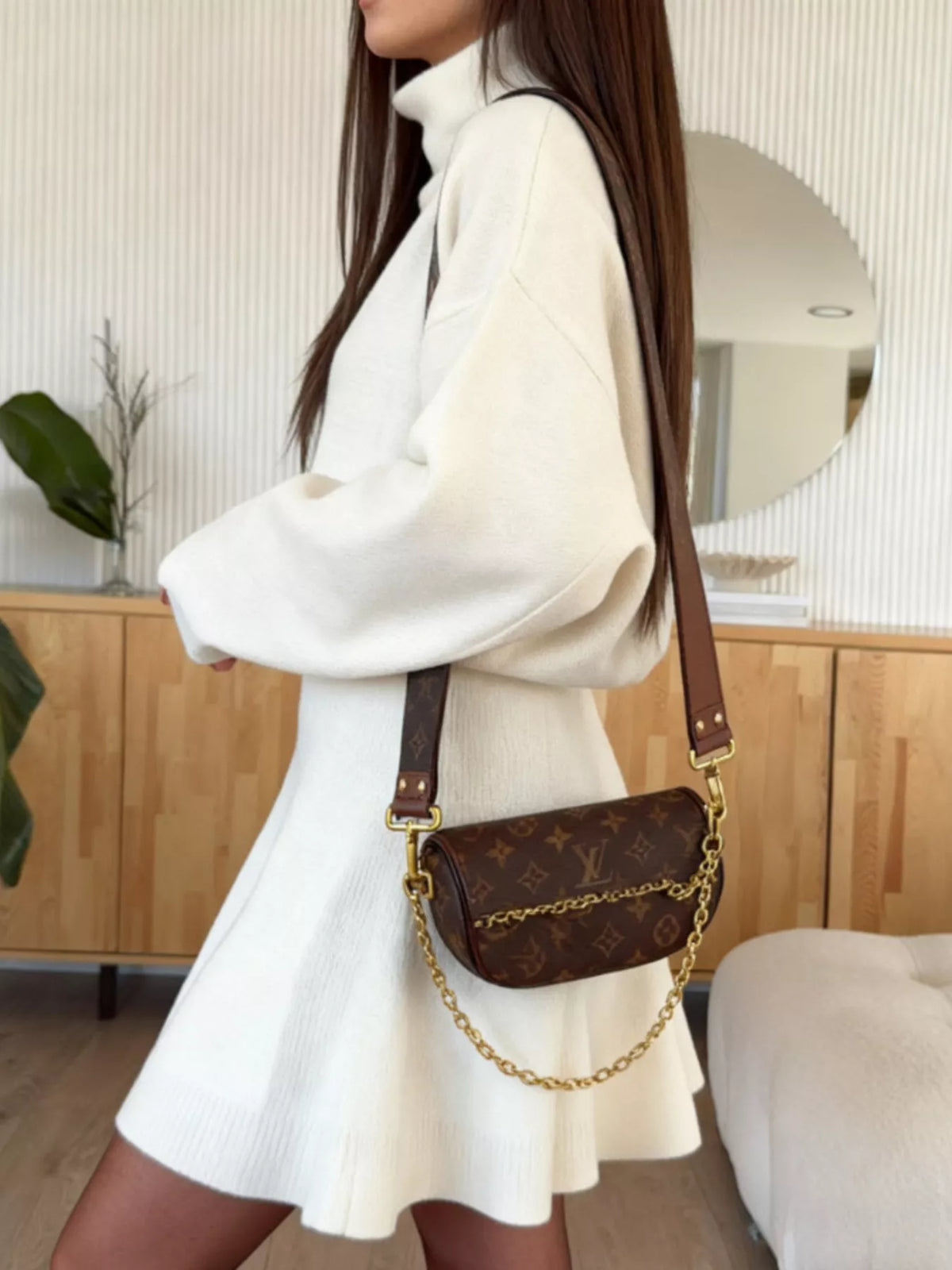 mock neck knit top and flared skirt set | dropsona - neutral - close-up detail