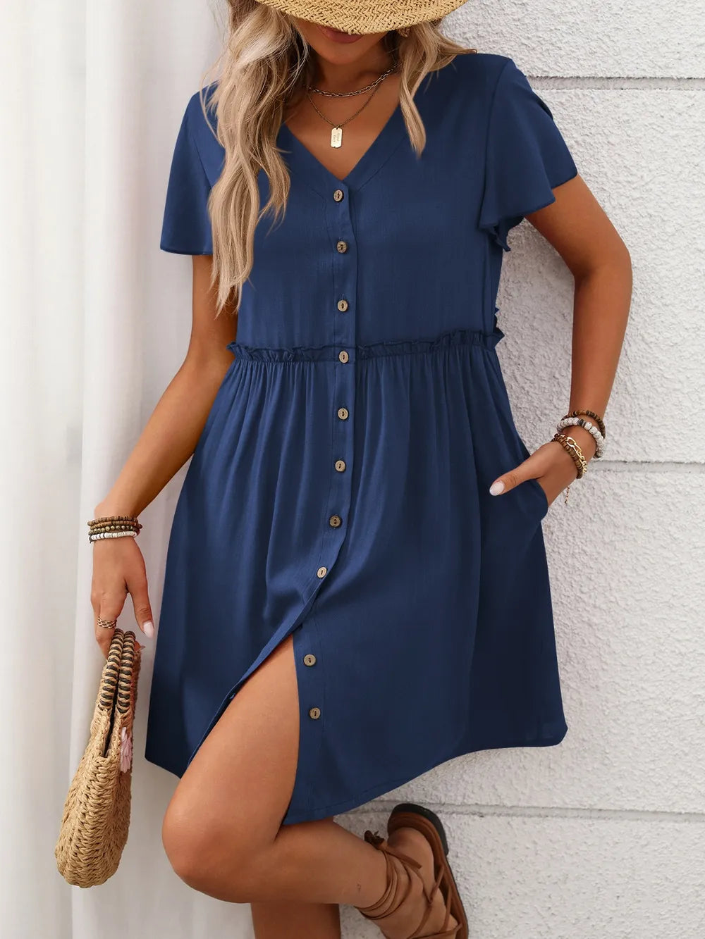 button front flutter sleeve dress - close-up detail