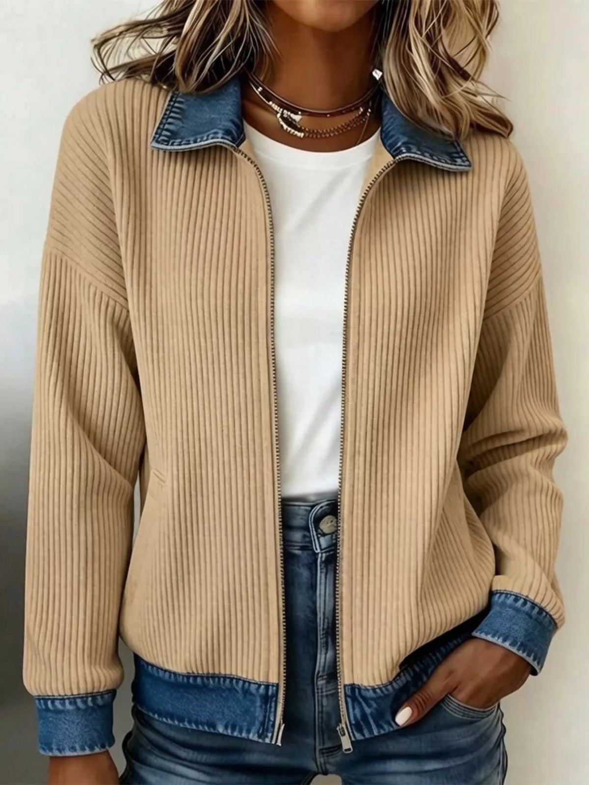 contrast denim collar ribbed knit jacket – zipper | dropsona - neutral - size reference