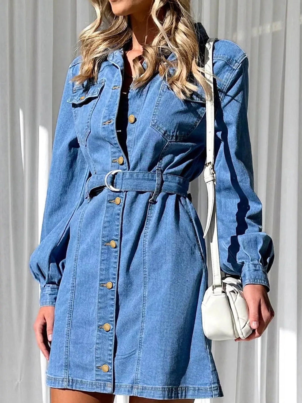 button-down denim dress with belted waist and long | dropsona - neutral - close-up detail
