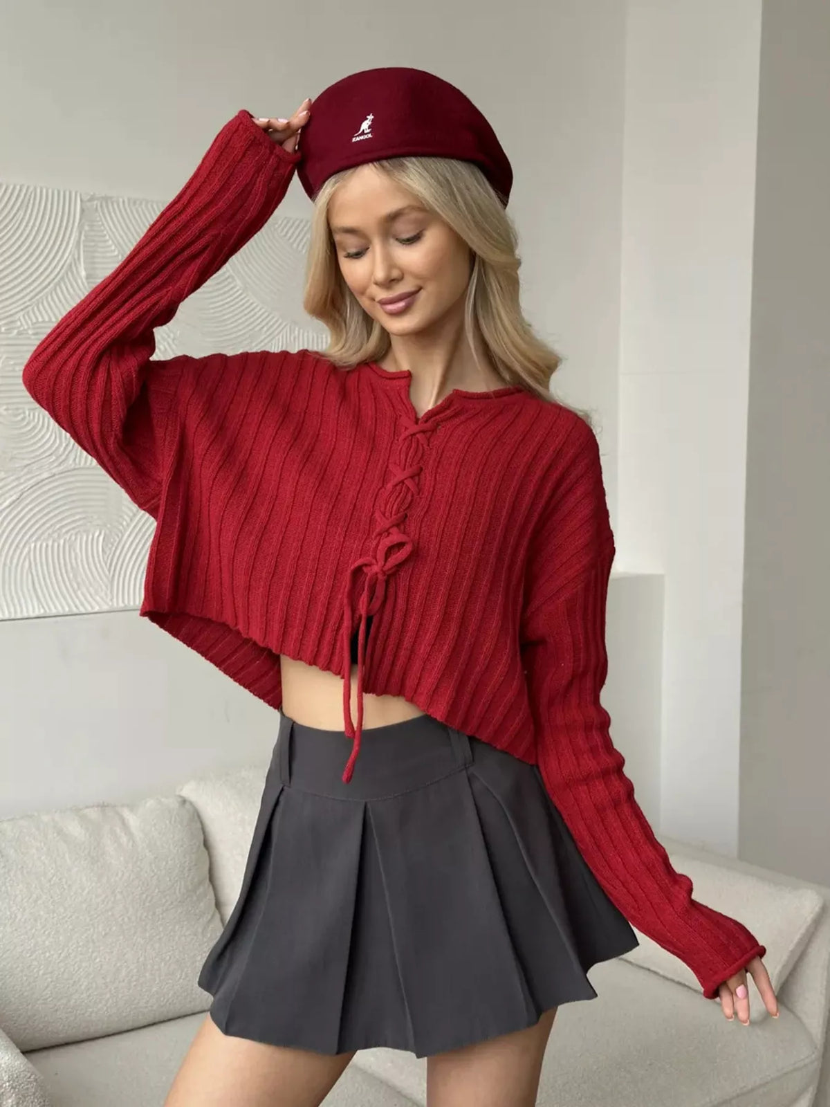 ribbed lace-up crop sweater – | dropsona - neutral - size reference