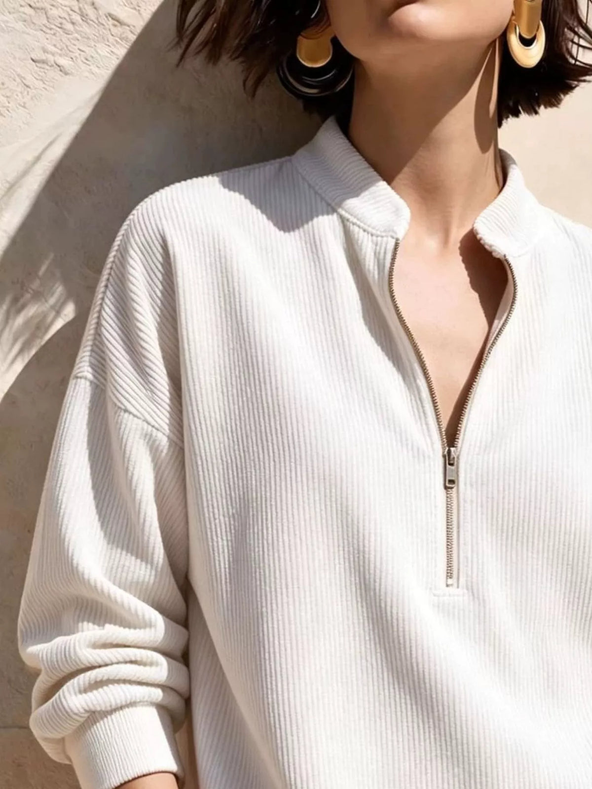 full size half zip dropped shoulder corduroy top plus | dropsona - neutral - usage example