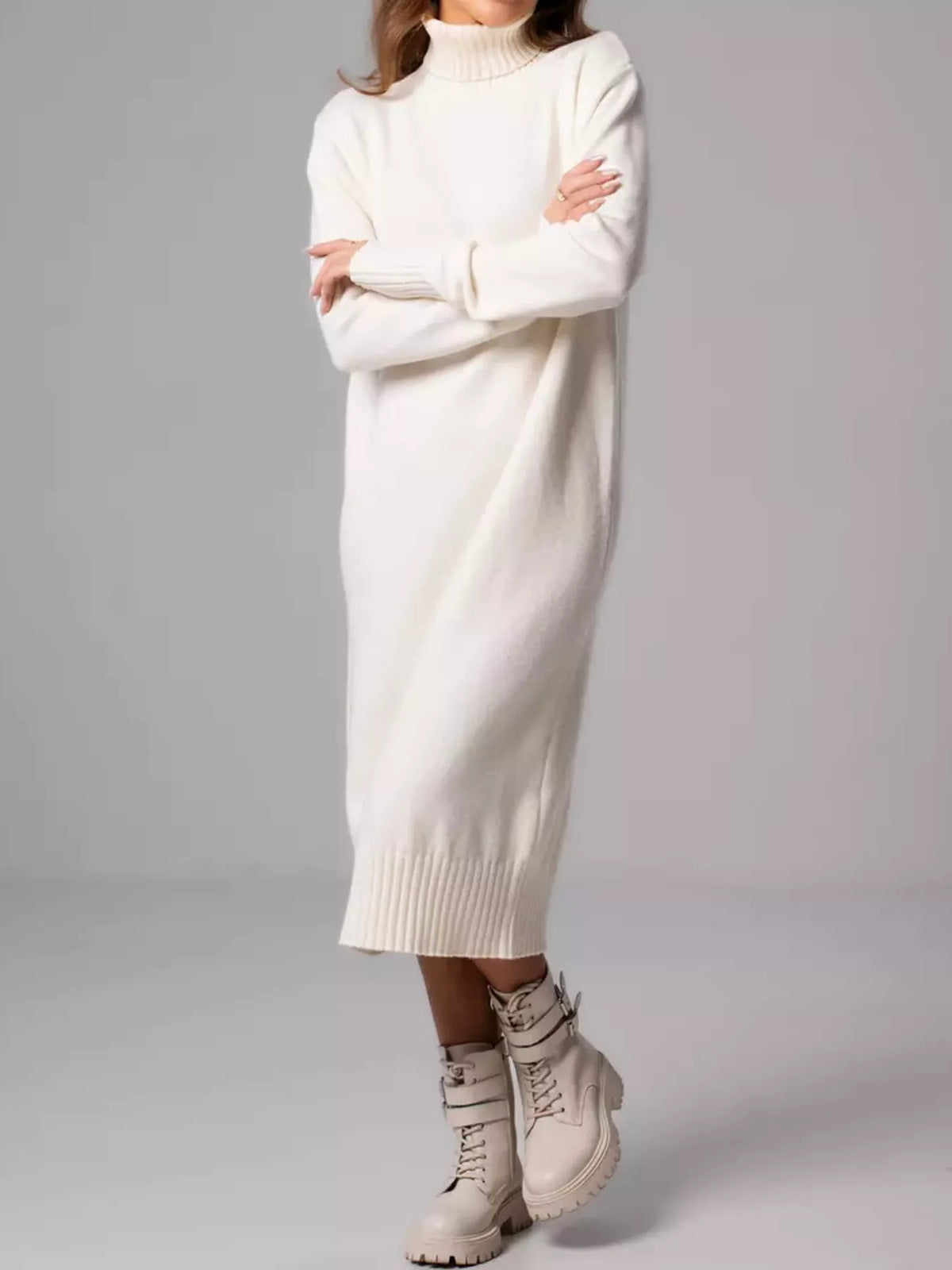 turtleneck ribbed knit sweater dress | dropsona - neutral - close-up detail