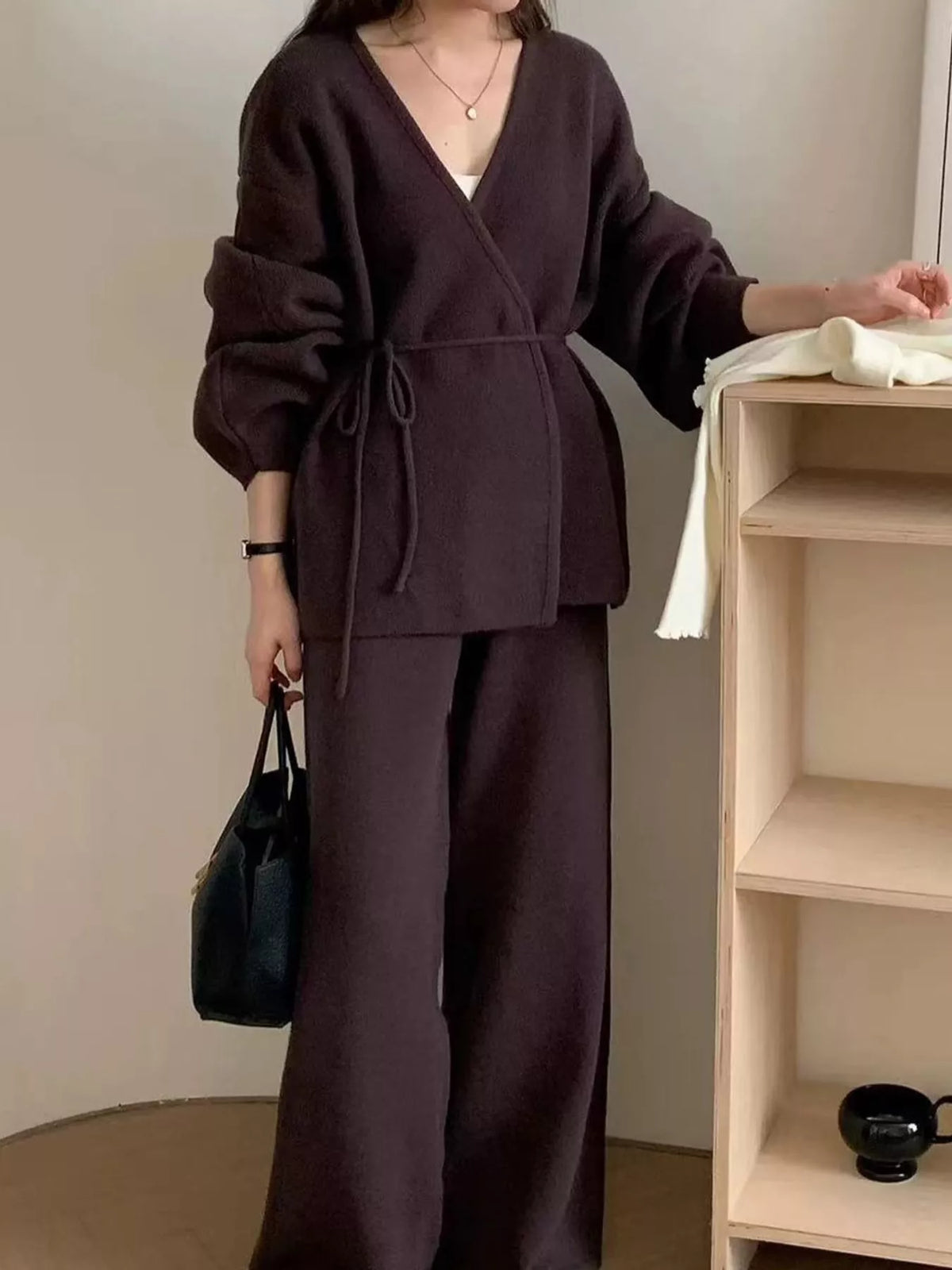 elegant v-neck wrap cardigan and wide-leg pants | dropsona - neutral - close-up detail
