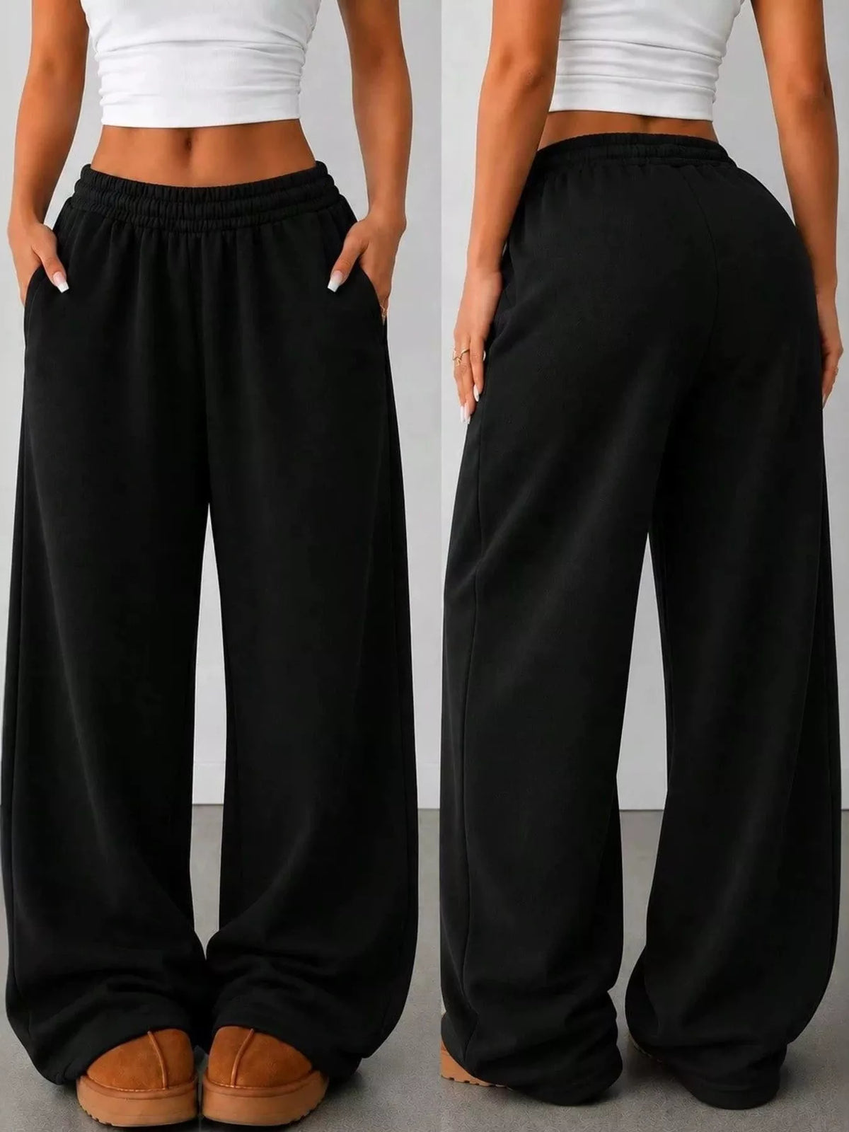 elastic waist wide-leg sweatpants – pocketed | dropsona - neutral - close-up detail