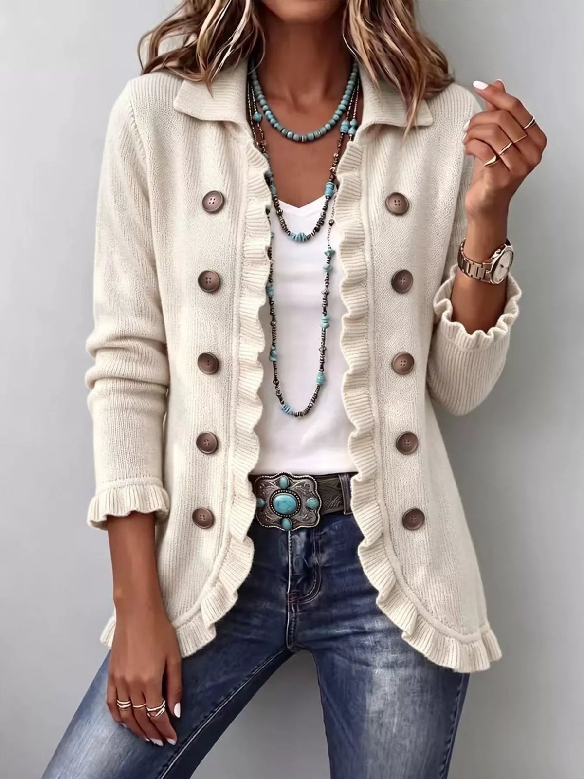 full size ruffled trim decorative button cardigan | dropsona - neutral - close-up detail
