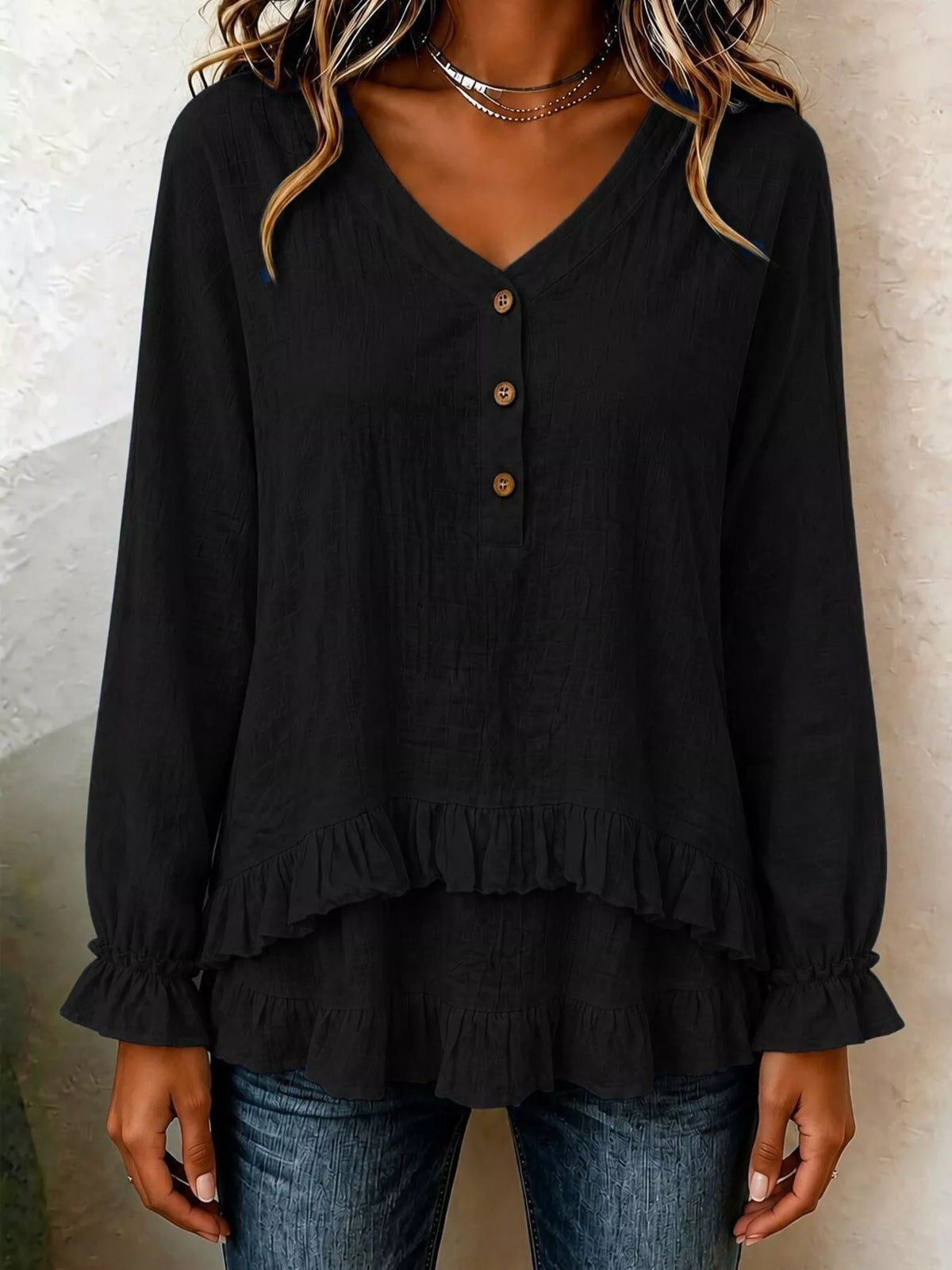 v-neck long sleeve button detail ruffled hem blouse | dropsona - neutral - packaging