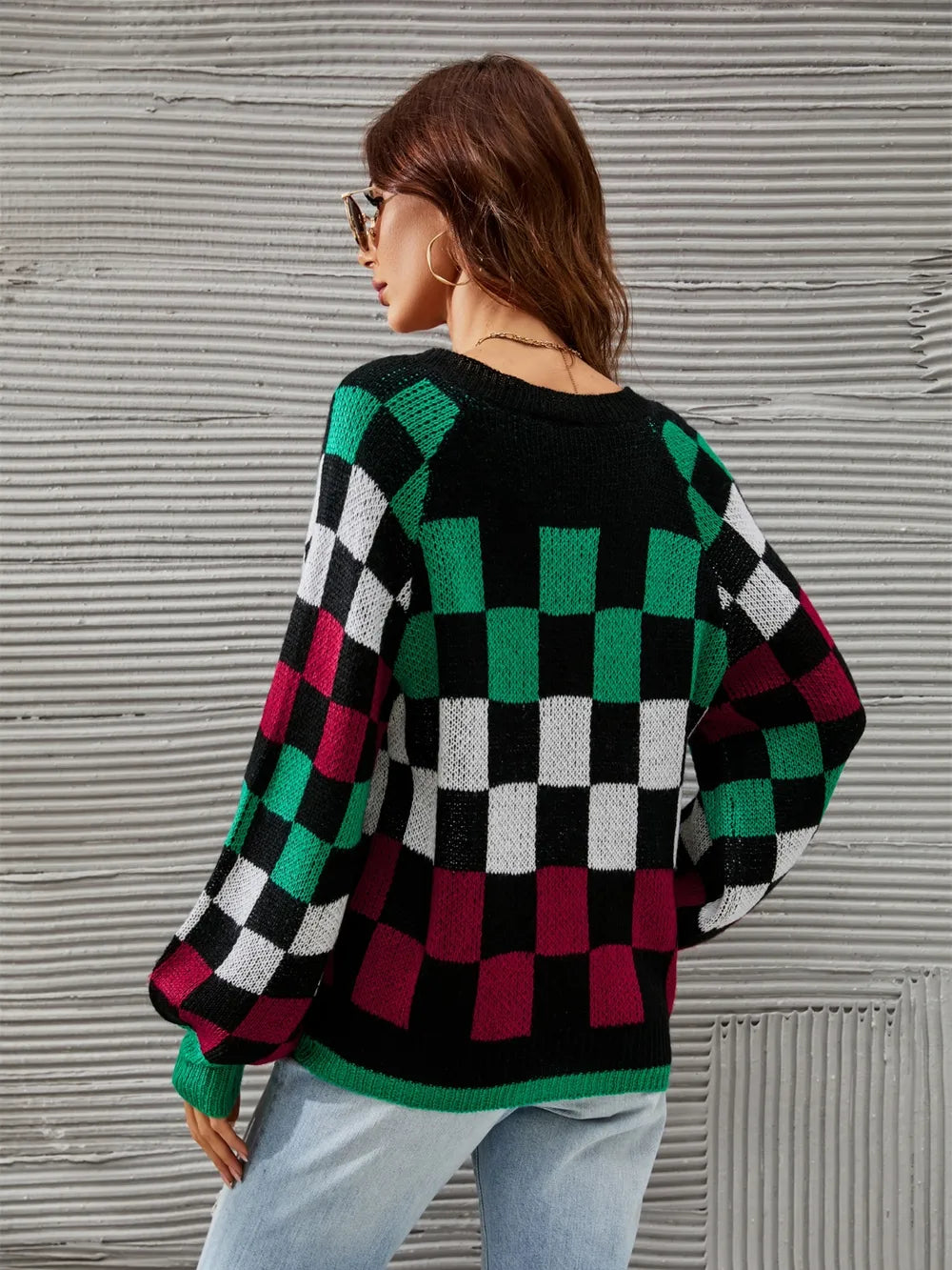 angel wings checkered v-neck lantern sleeve sweater | dropsona - neutral - size reference