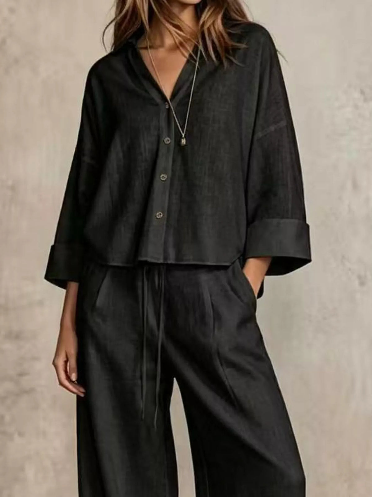 full size button-down shirt and wide-leg pants set | dropsona - neutral - size reference