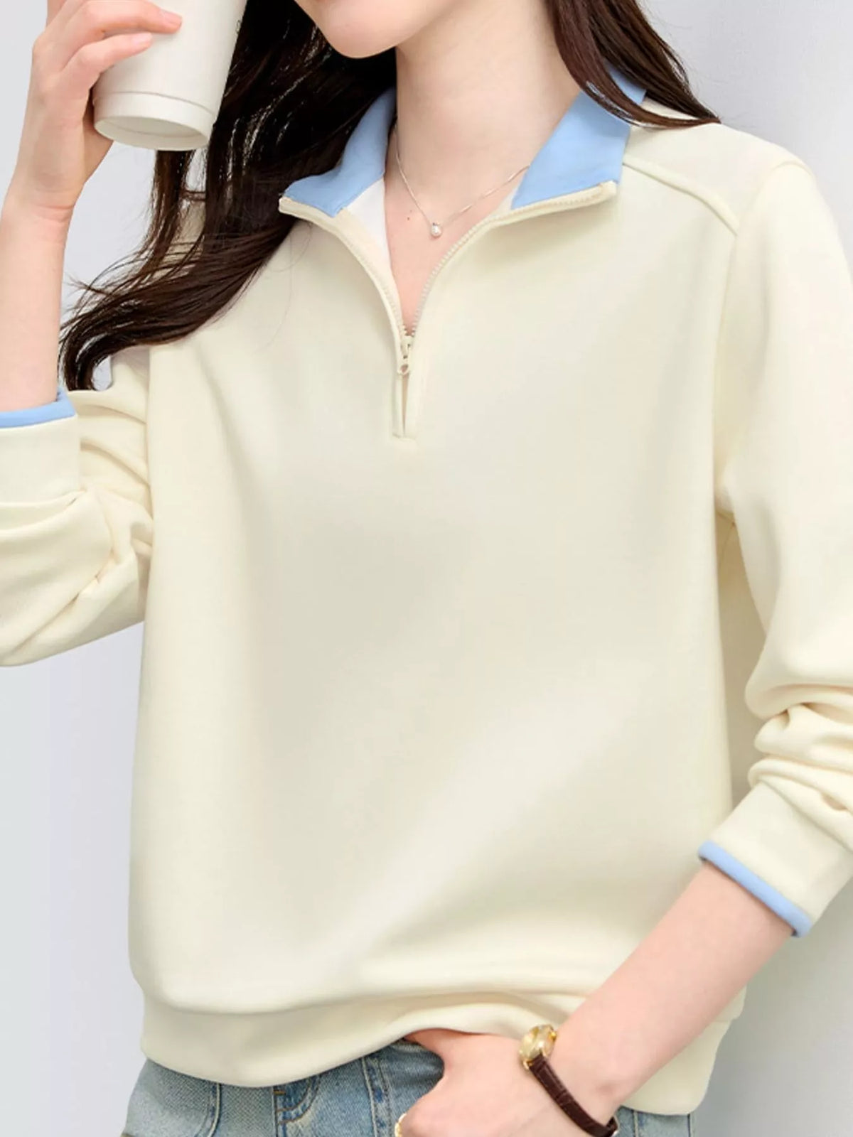 plus size quarter-zip sweatshirt with contrast collar | dropsona - neutral - front view