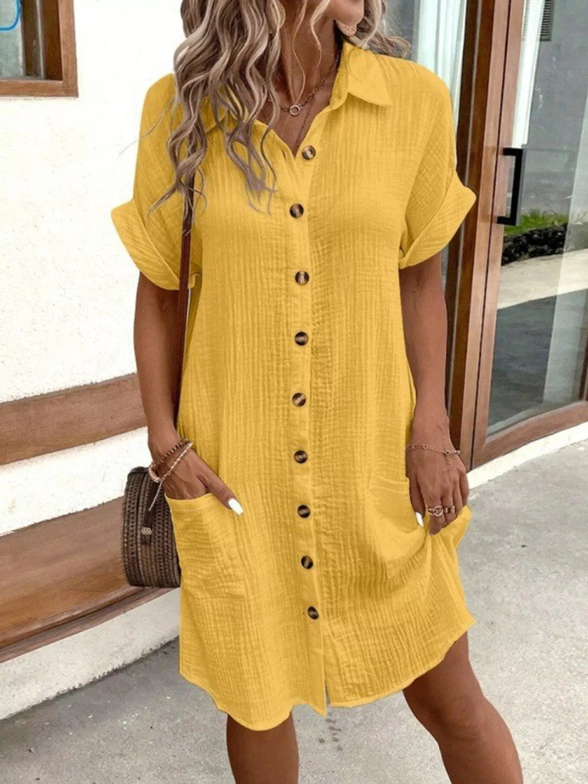 full size button-down textured shirt dress with | dropsona - neutral - close-up detail