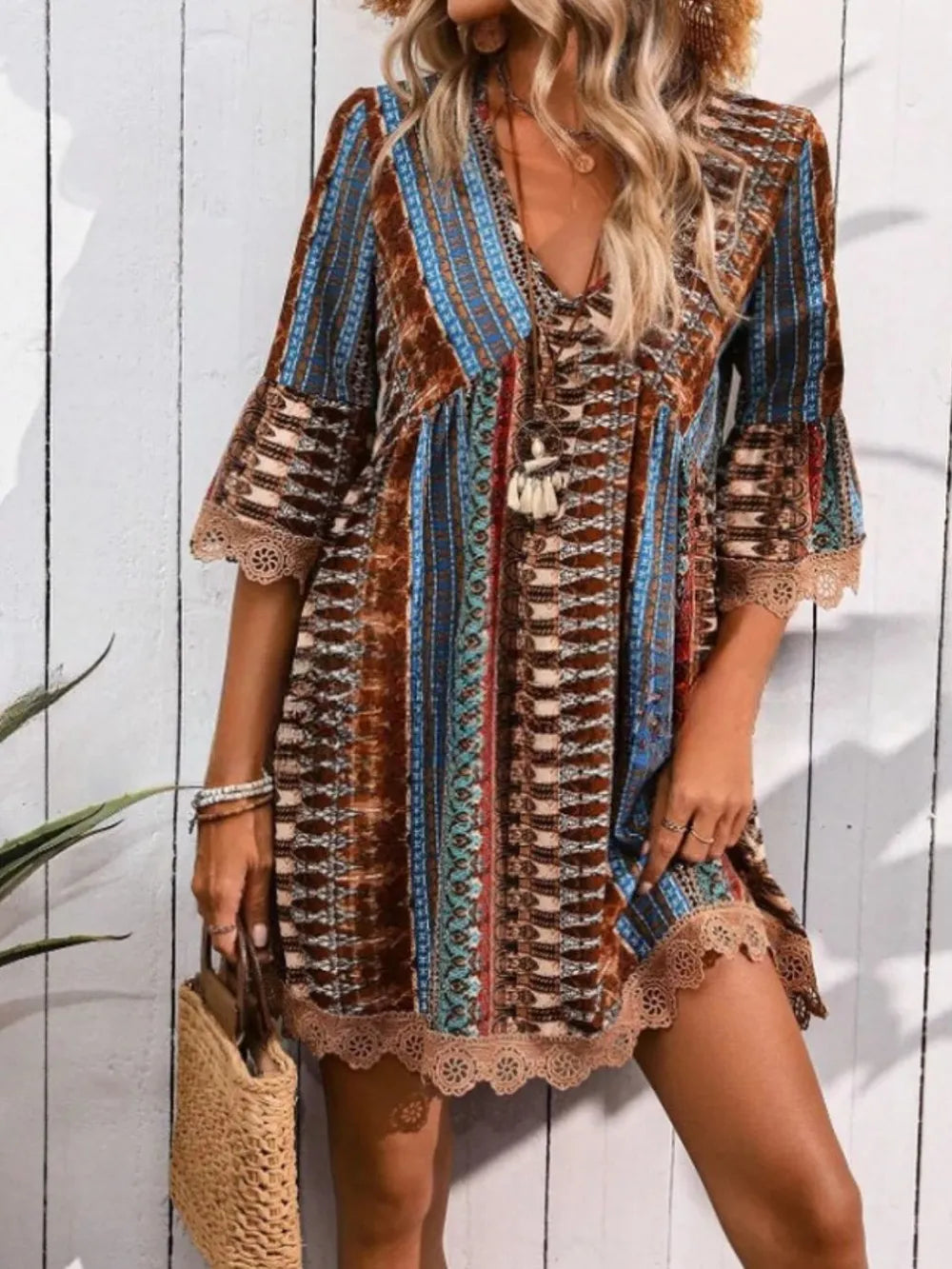 lace trim printed v-neck 3/4 sleeve dress - front view