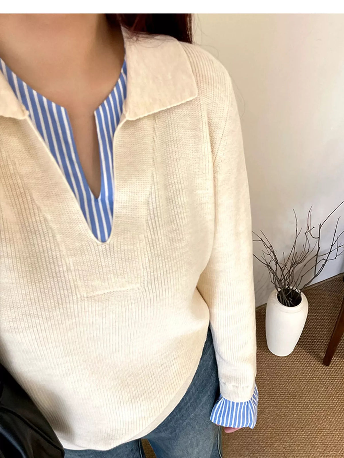 plus size layered look striped long sleeve sweater | dropsona - neutral - packaging