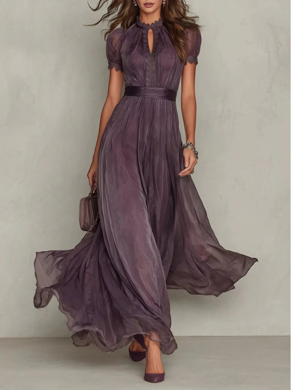 full size elegant sheer chiffon mock-neck maxi dress | dropsona - neutral - front view