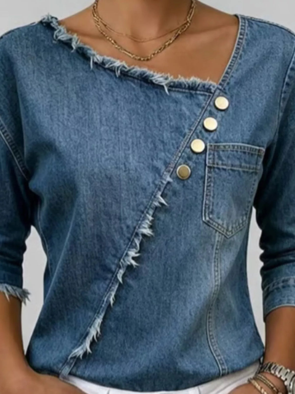 asymmetric raw-edge button-detail denim top | dropsona - neutral - close-up detail