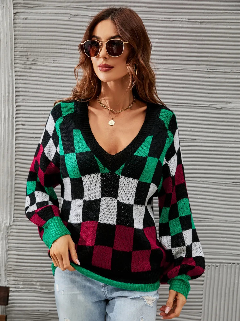 angel wings checkered v-neck lantern sleeve sweater | dropsona - neutral - front view