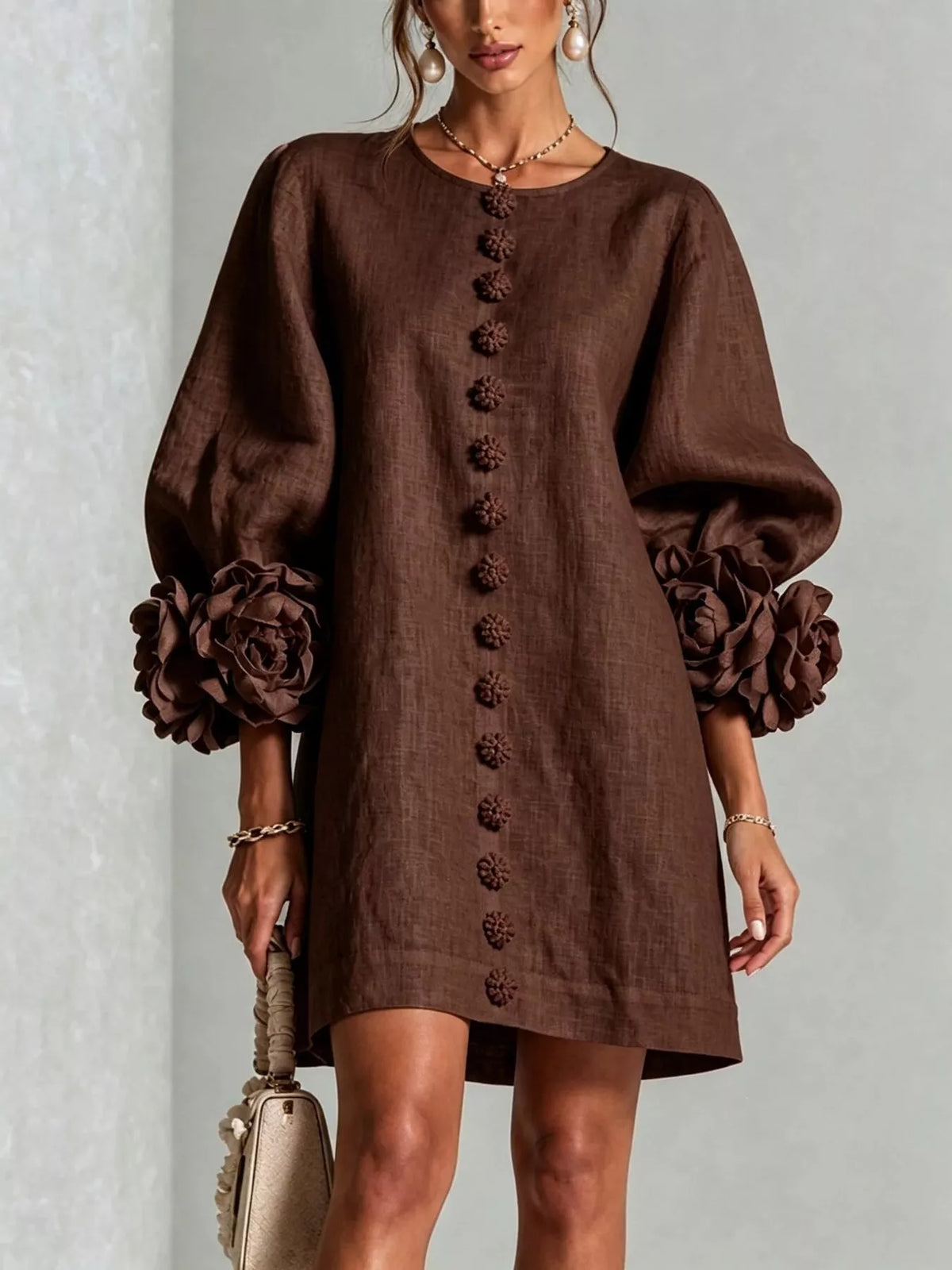 full size 3d floral sleeve round neck dress plus | dropsona - neutral - front view