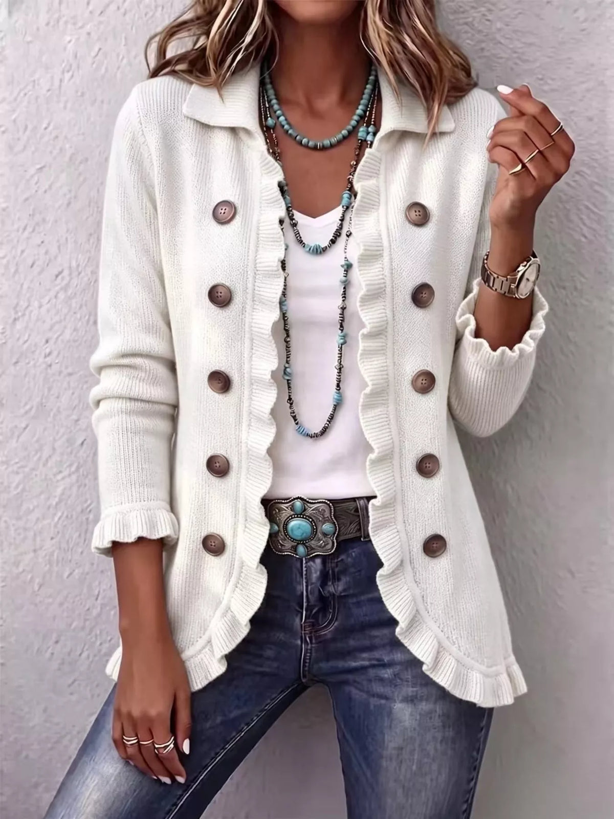 full size ruffled trim decorative button cardigan | dropsona - neutral - packaging