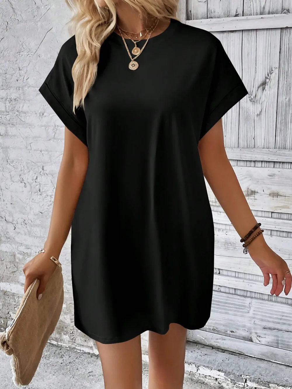 round neck short sleeve mini dress – basic style | dropsona - neutral - material texture