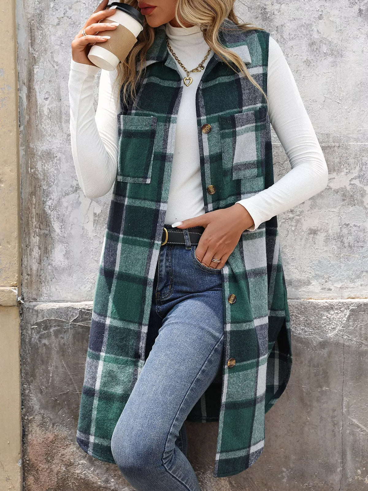 longline plaid button-down vest coat | dropsona - neutral - material texture