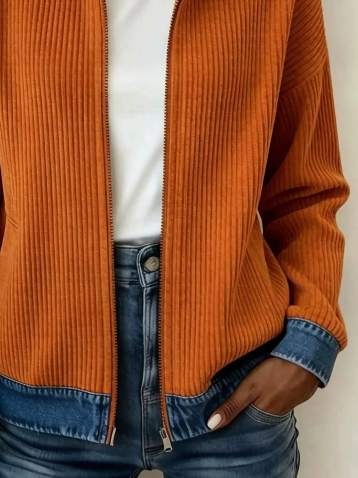 contrast denim collar ribbed knit jacket – zipper | dropsona - neutral - front view