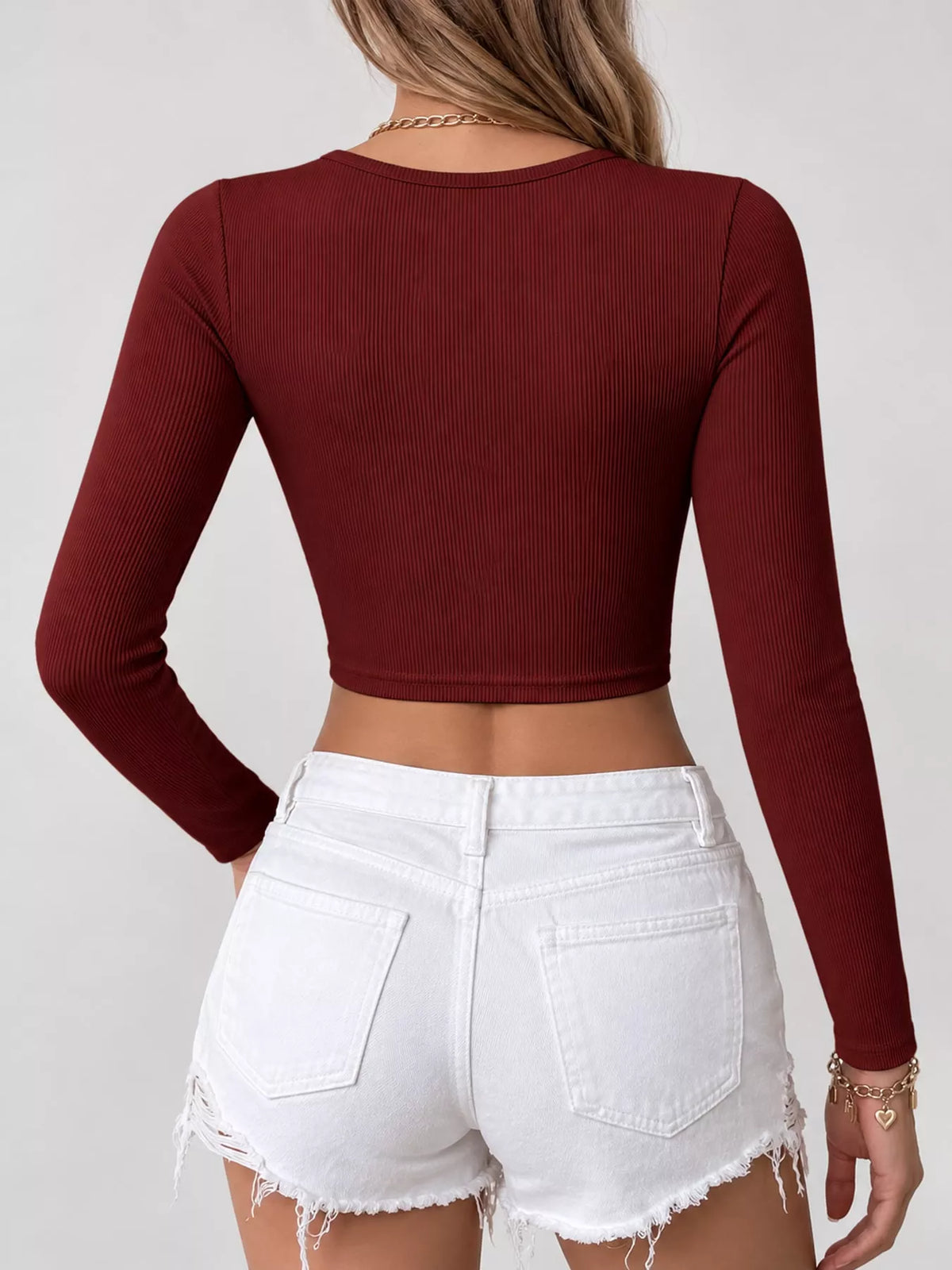 cutout back long sleeve crop t-shirt | dropsona - neutral - material texture