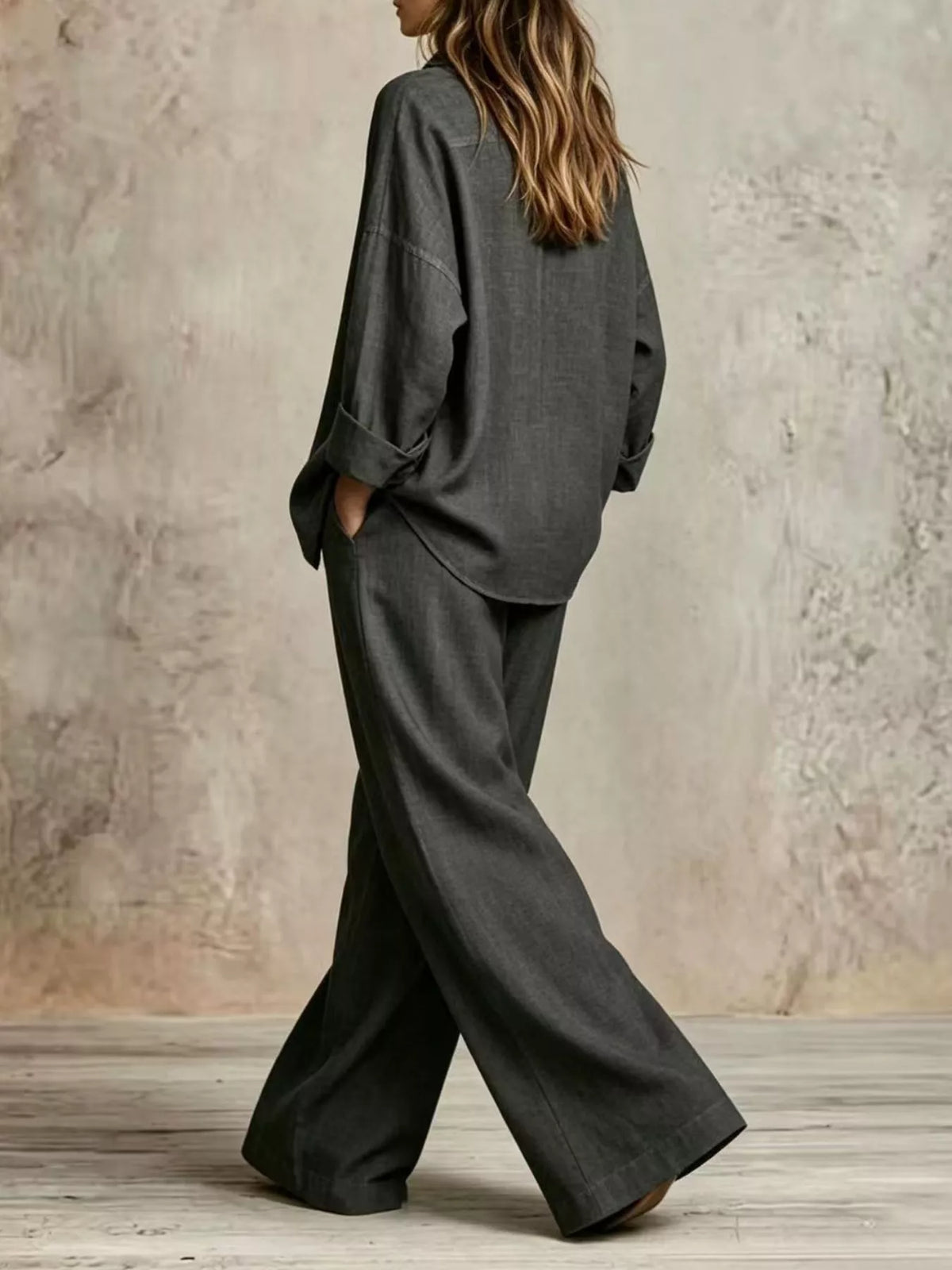 full size button-down shirt and wide-leg pants set | dropsona - neutral - usage example