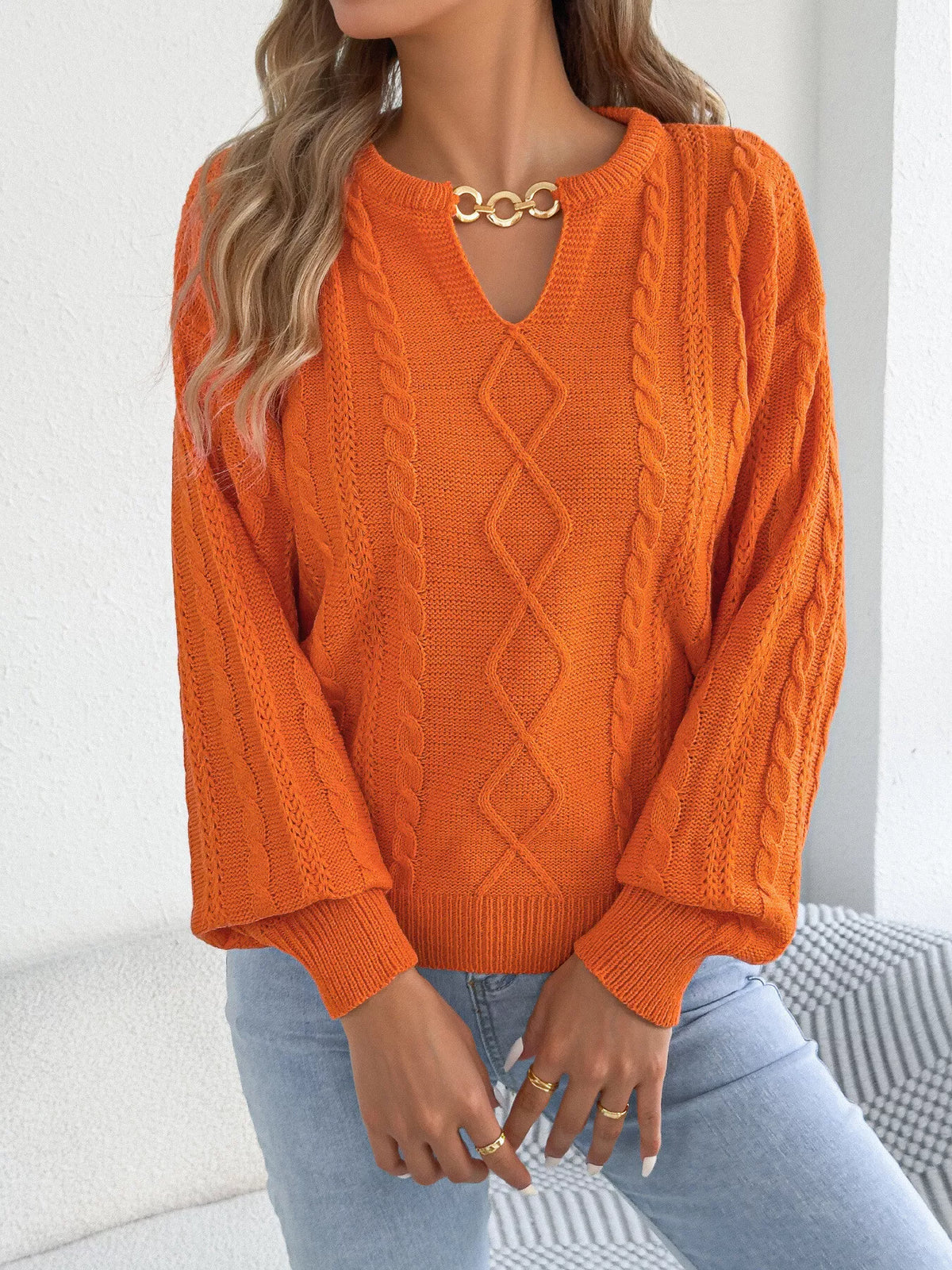 cable knit notched sweater – basic style | dropsona - neutral - material texture