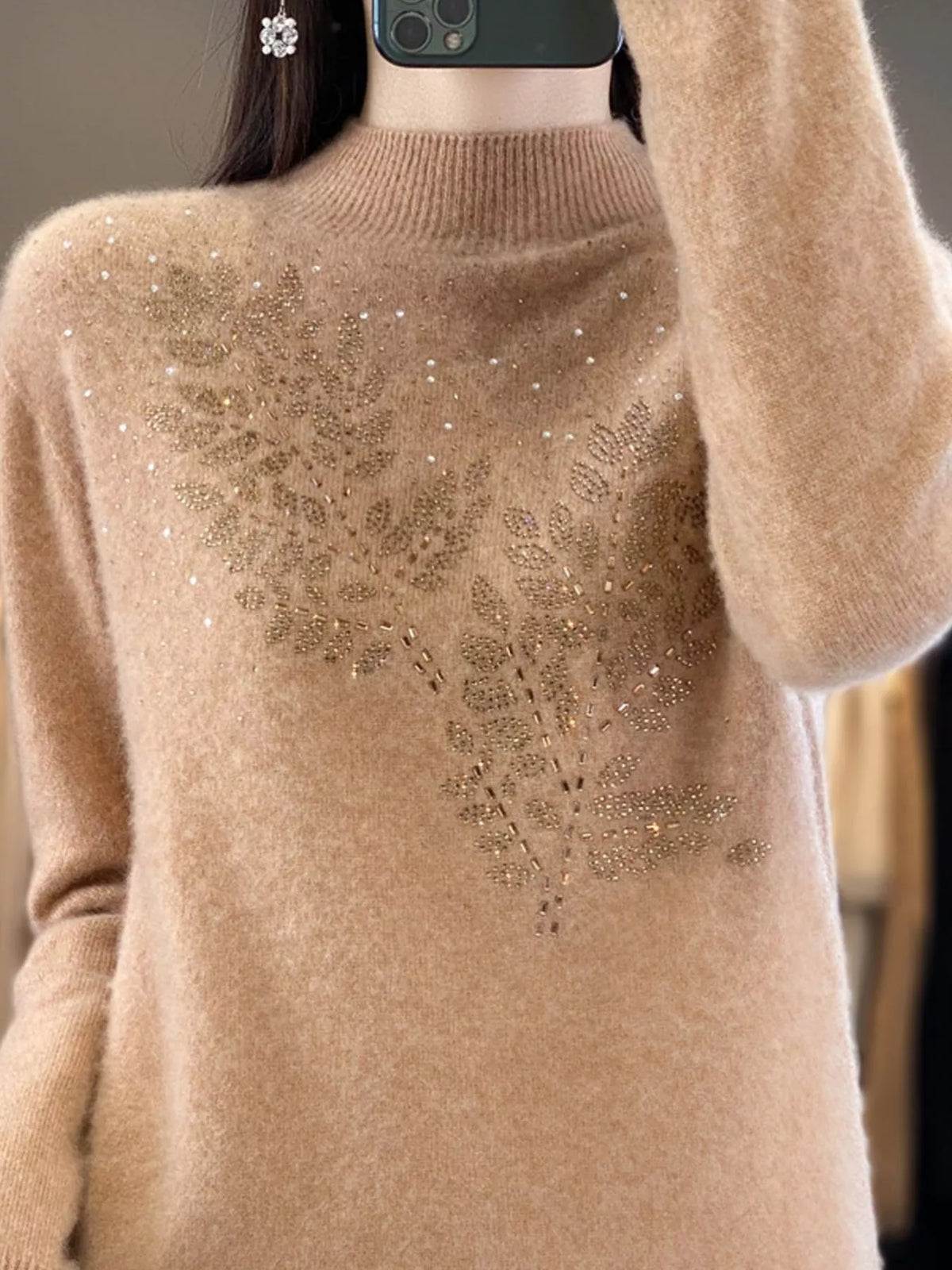 rhinestone leaf mock neck sweater | dropsona polyester - neutral - close-up detail