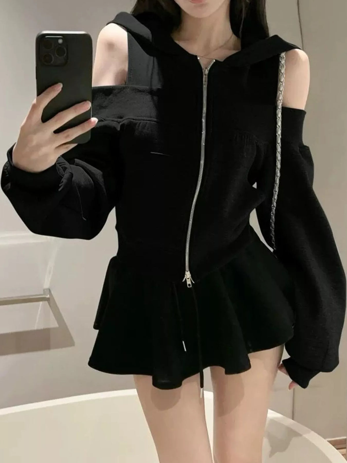 cold shoulder zip-up hoodie – zipper,cutout fit | dropsona - neutral - usage example