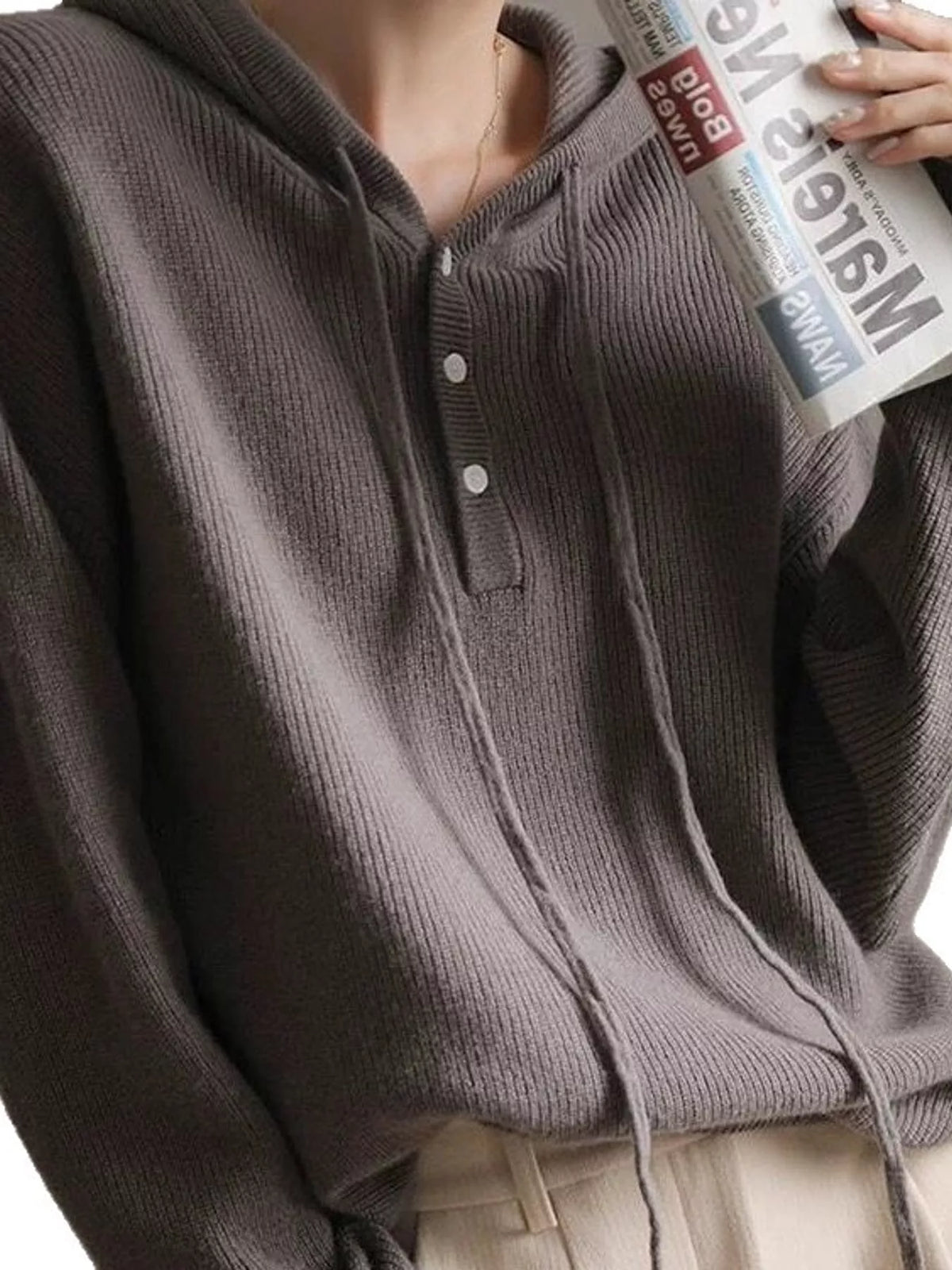 drawstring button detail hooded sweater | dropsona - neutral - front view