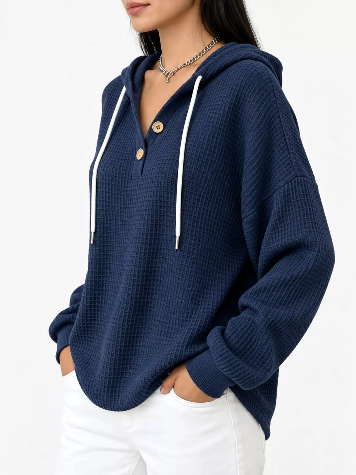 full size waffle knit button detail hoodie plus | dropsona - neutral - usage example