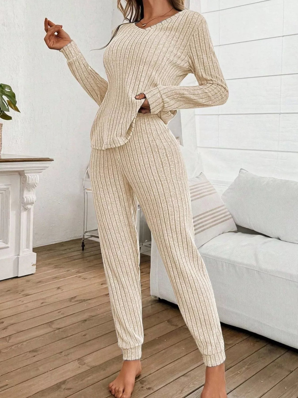 ribbed knit long sleeve top and pants loungewear set | dropsona - neutral - front view