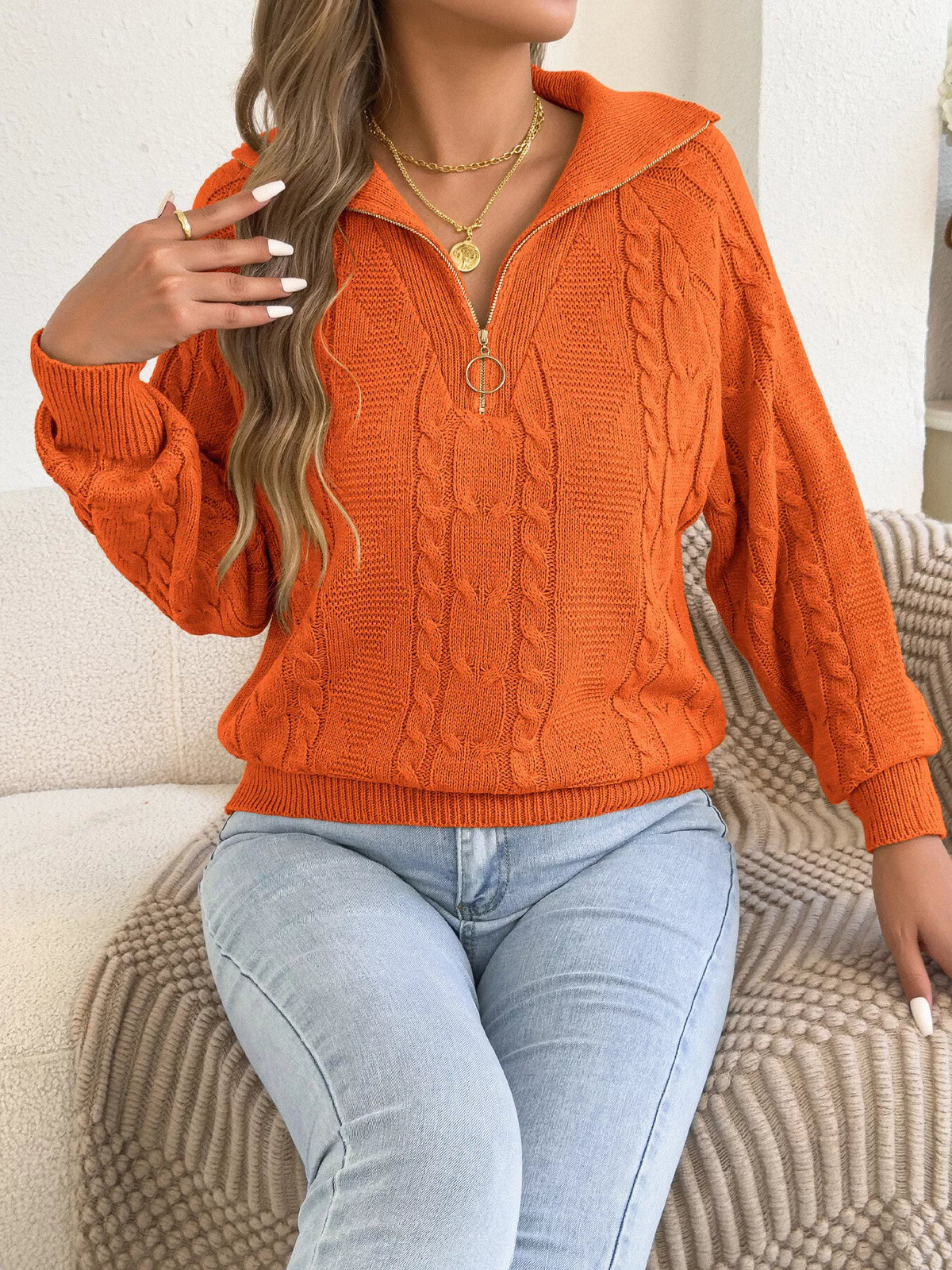 quarter-zip cable knit sweater – cable-knit,zipper | dropsona - neutral - size reference
