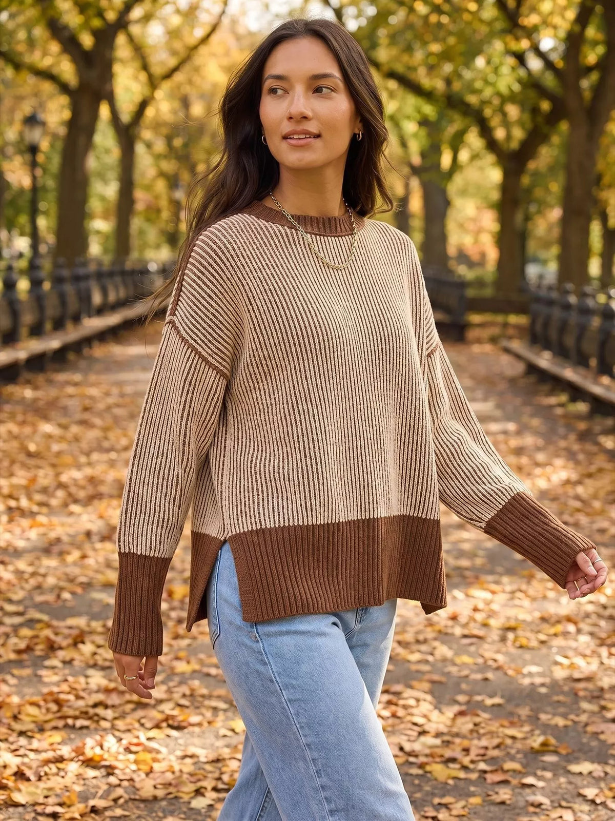 ribbed knit side slit sweater – basic style | dropsona - neutral - front view