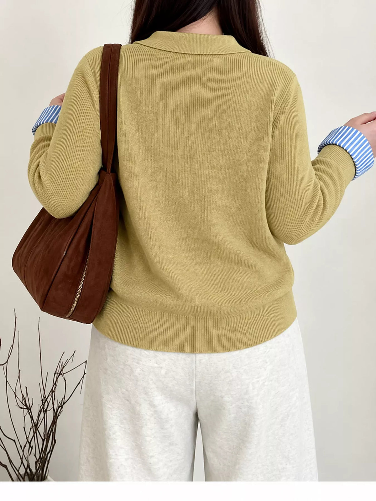 plus size layered look striped long sleeve sweater | dropsona - neutral - close-up detail