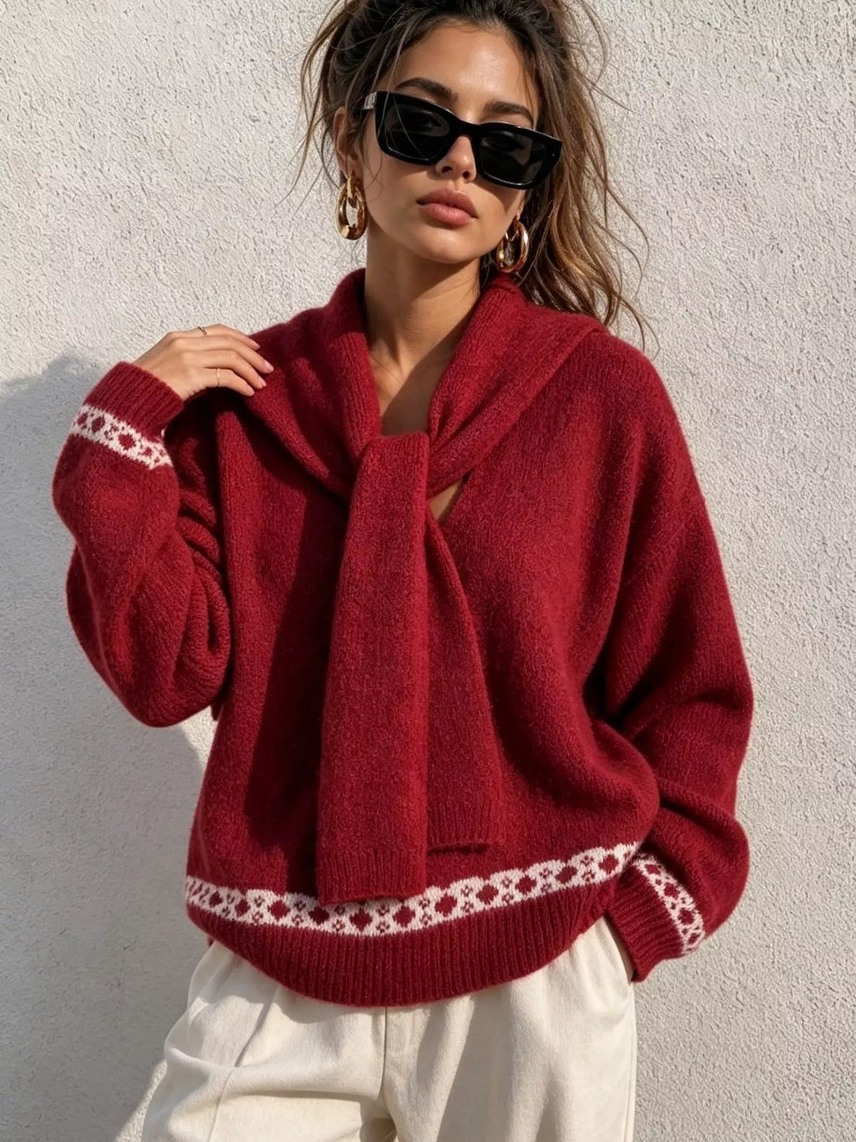 scarf detail dropped shoulder sweater – basic style | dropsona - neutral - material texture