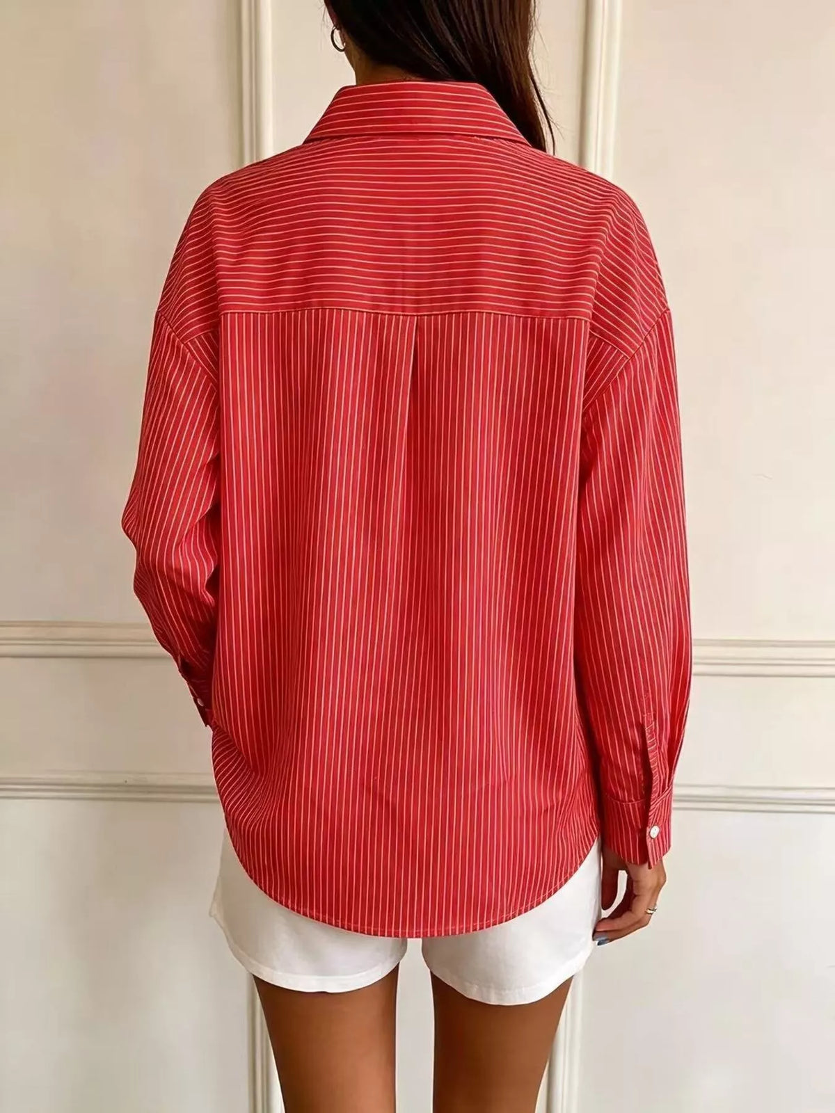 full size striped button-down long sleeve shirt plus | dropsona - neutral - close-up detail