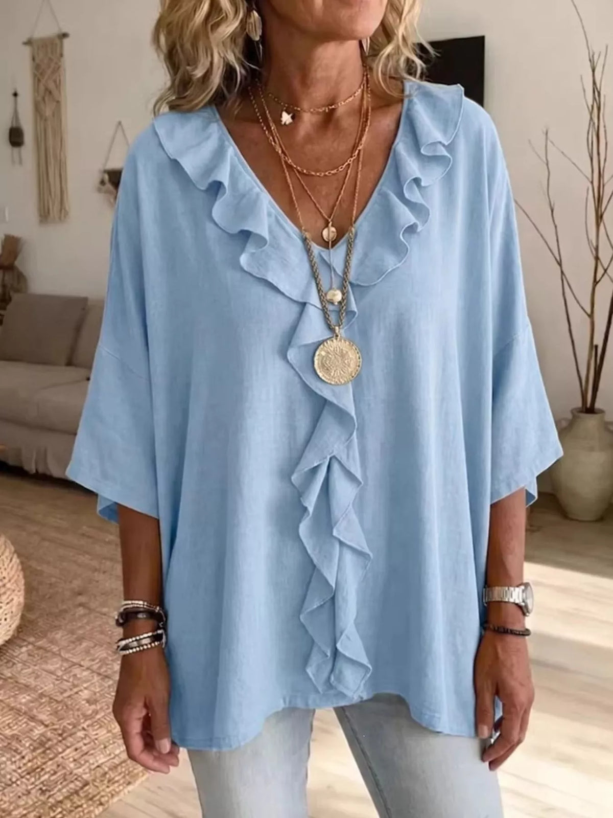 full size ruffle v-neck 3/4 sleeve blouse plus | dropsona - neutral - size reference